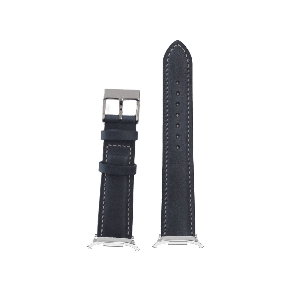 Padded Leather - Navy Blue | Beige Stitching Silver with Strap Adapter for Galaxy Watch 8-9/Ultra