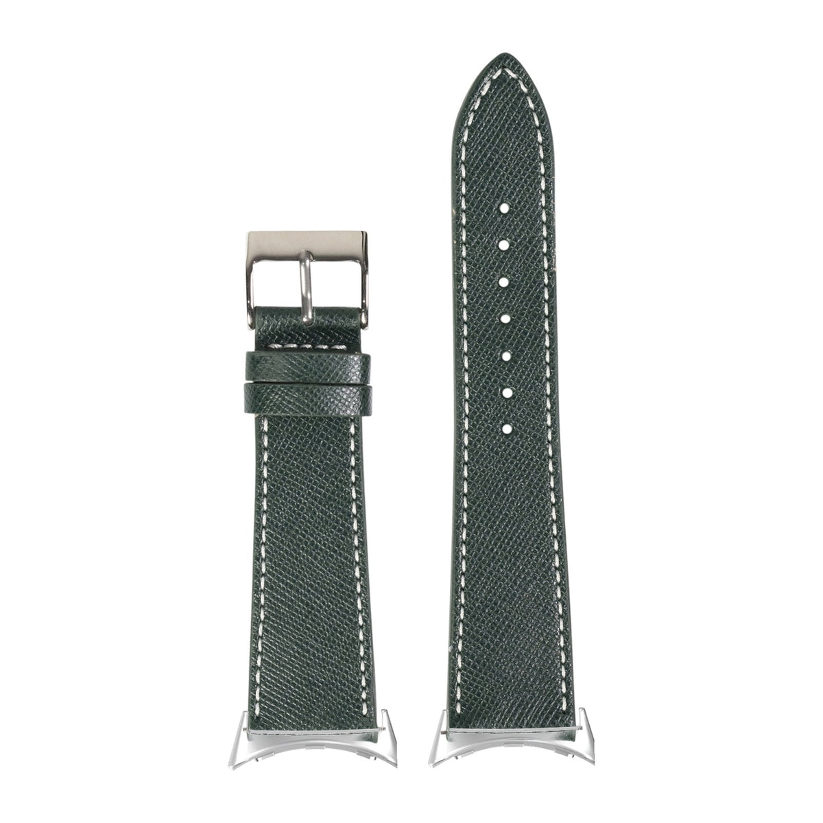 Saffiano Leather - Forest Green Silver with White Stitching with Google Pixel Spring Bar Adapters - Wear Any 20mm Strap! for Pixel Watch 1-5 41mm
