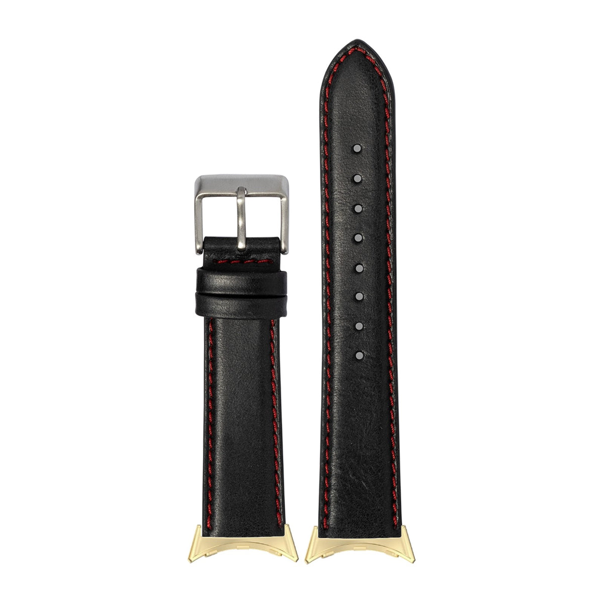 Padded Leather - Black | Red Stitching Gold with Google Pixel Spring Bar Adapters - Wear Any 20mm Strap! for Pixel Watch 1-5 41mm