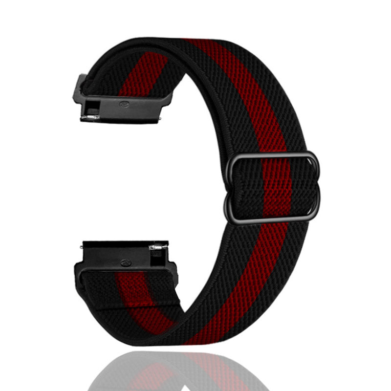 Black and red striped elastic smartwatch band with quick release magnetic clasp and adjustable loop closure