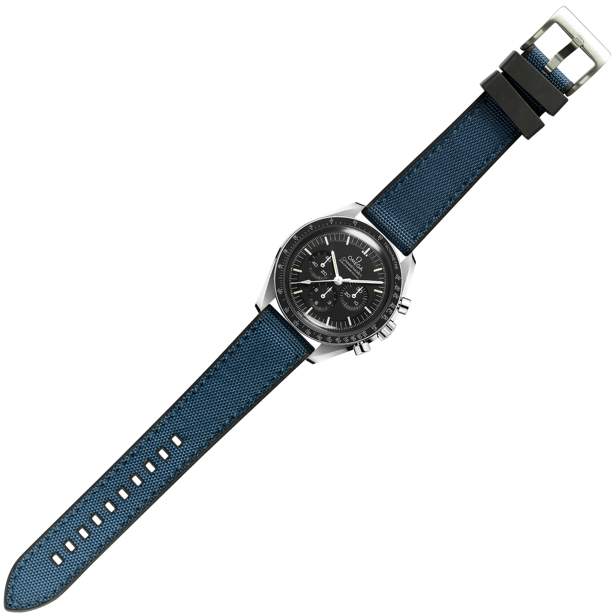 Stainless steel chronograph watch with black dial and blue sailcloth fabric strap with black rubber hybrid band