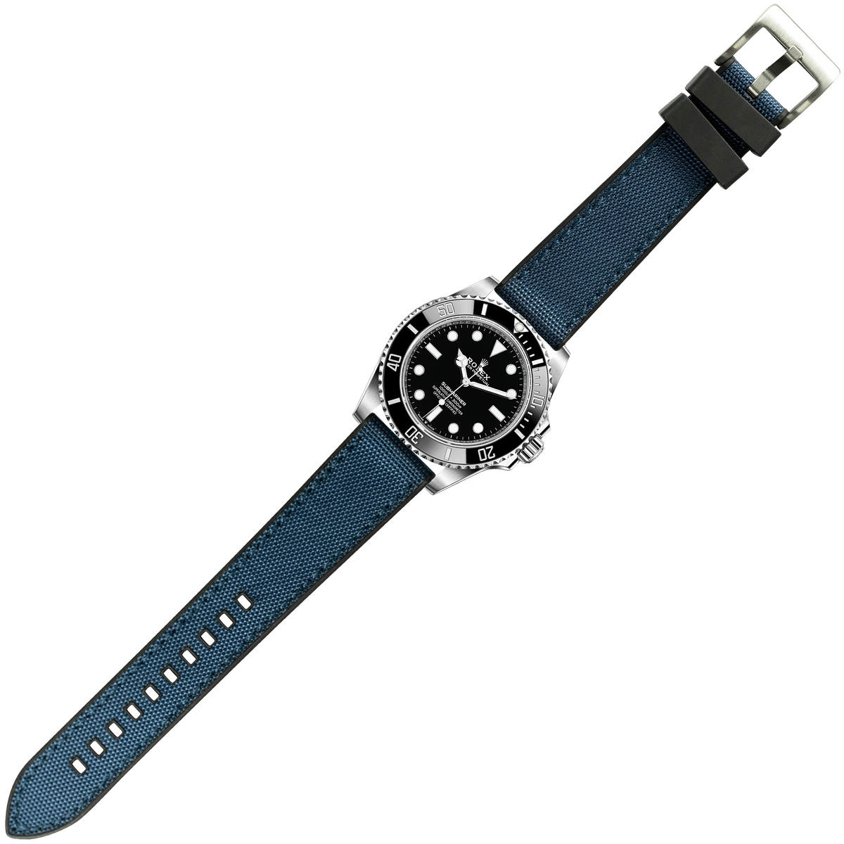Silver dive watch with black dial and blue sailcloth fabric strap with FKM rubber keeper