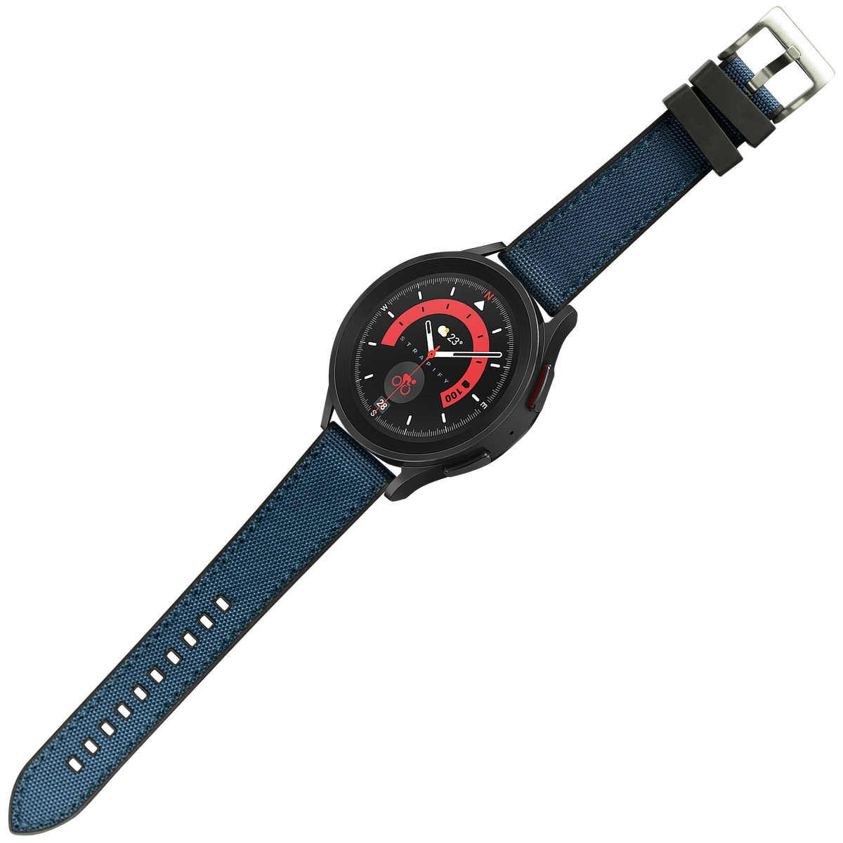 Black smartwatch with red dial and blue sailcloth hybrid strap featuring metal buckle