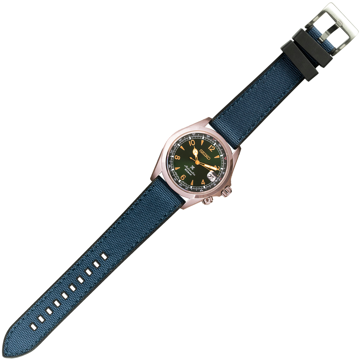 Seiko automatic watch with black dial, gold numerals, rose gold case, and blue fabric sailcloth watch strap with metal buckle