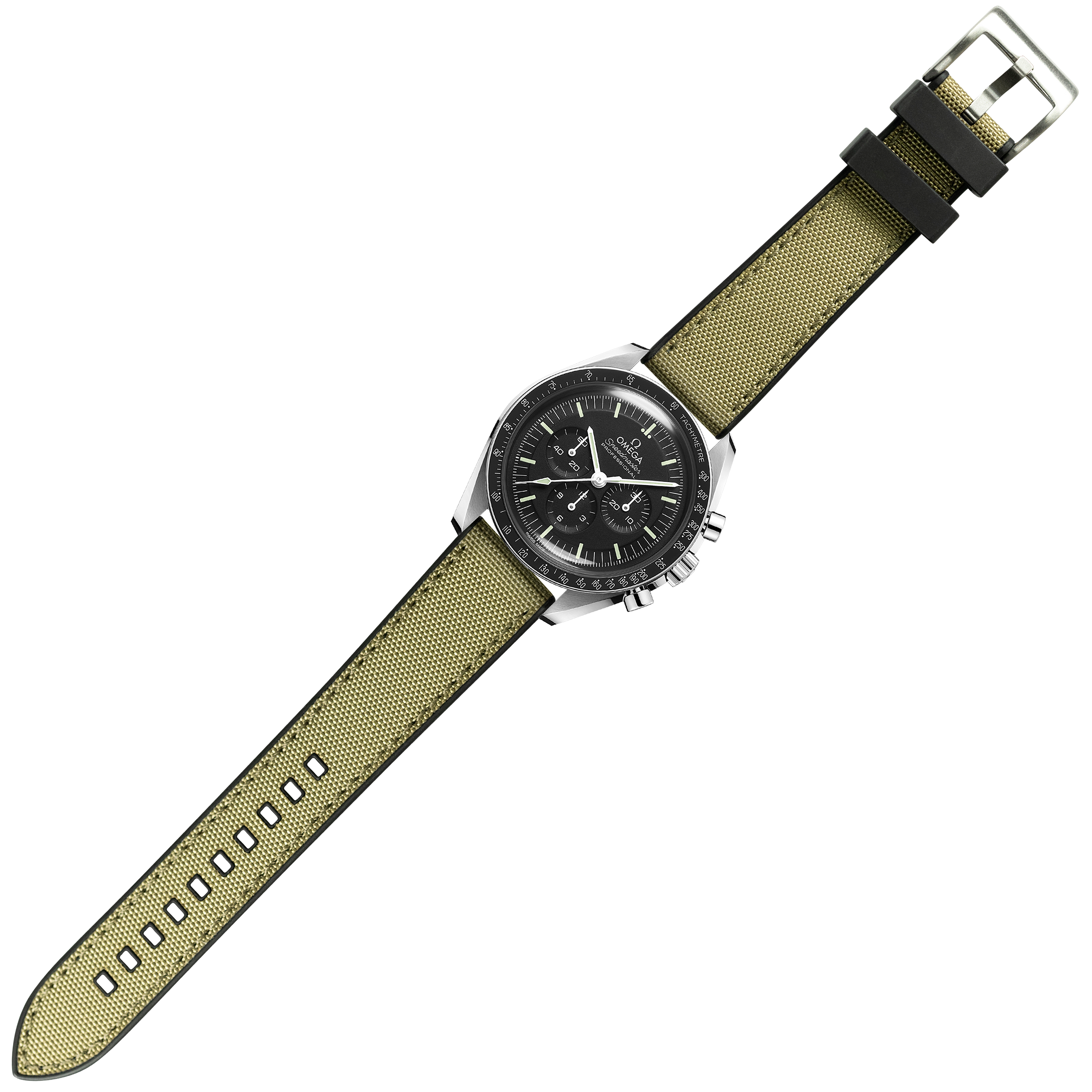 Stainless steel chronograph watch with black dial and olive sailcloth hybrid strap with FKM rubber