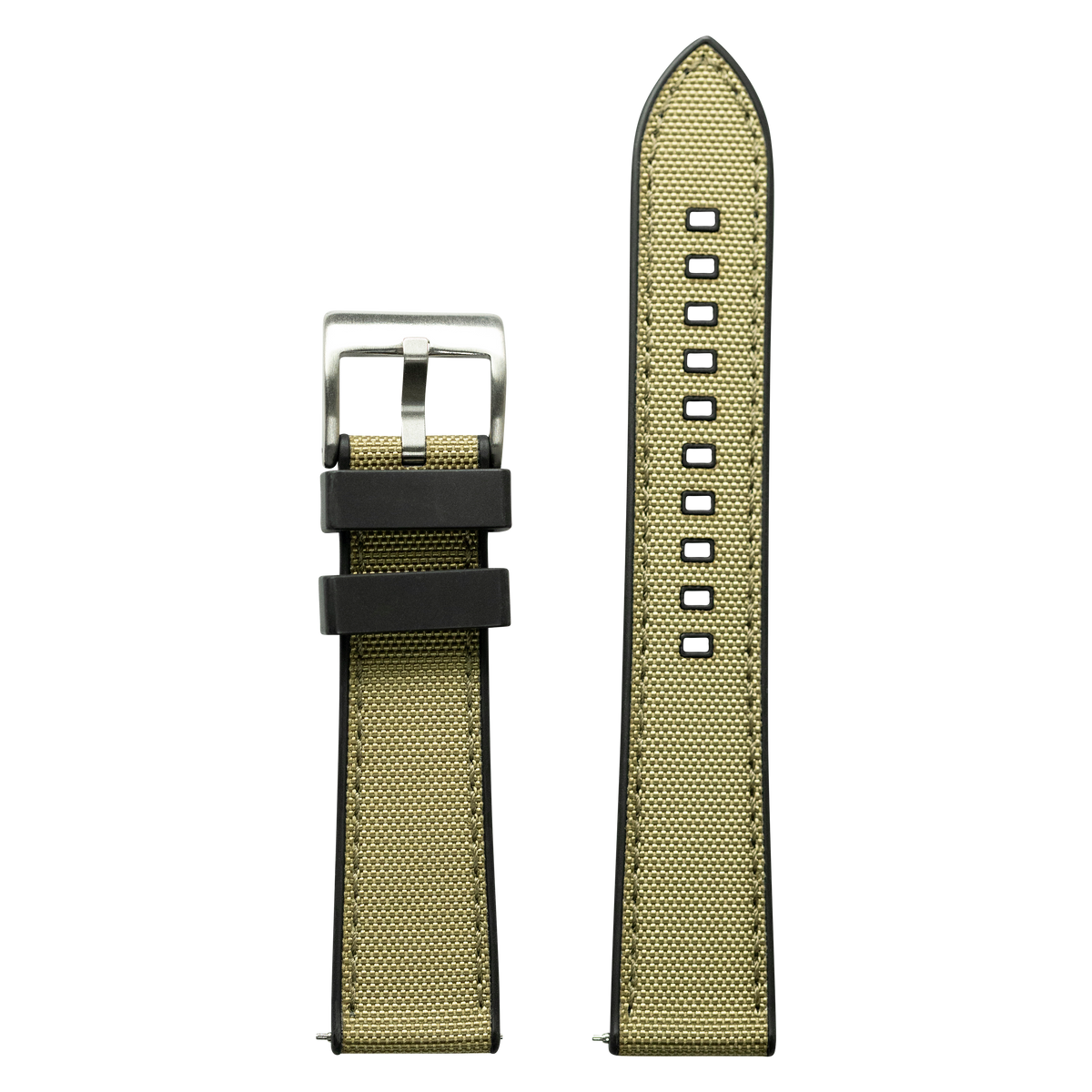 Olive green sailcloth and black FKM rubber hybrid watch band with silver buckle for Galaxy Watch 8 and Ultra