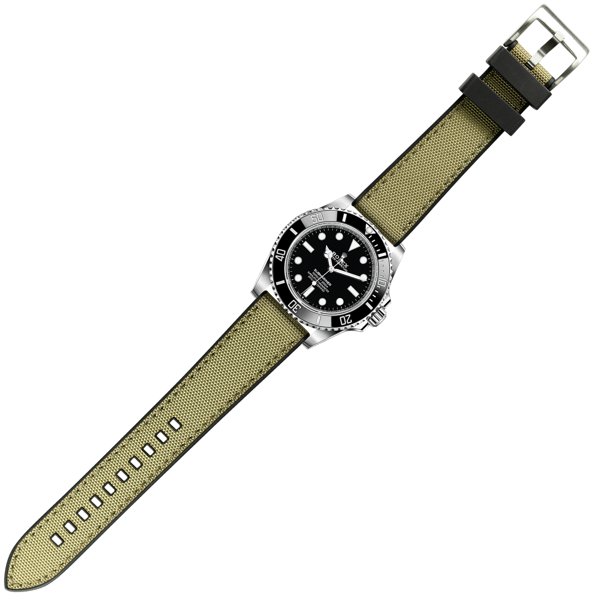 Stainless steel dive watch with black dial and rotating bezel on khaki sailcloth strap with black rubber accent