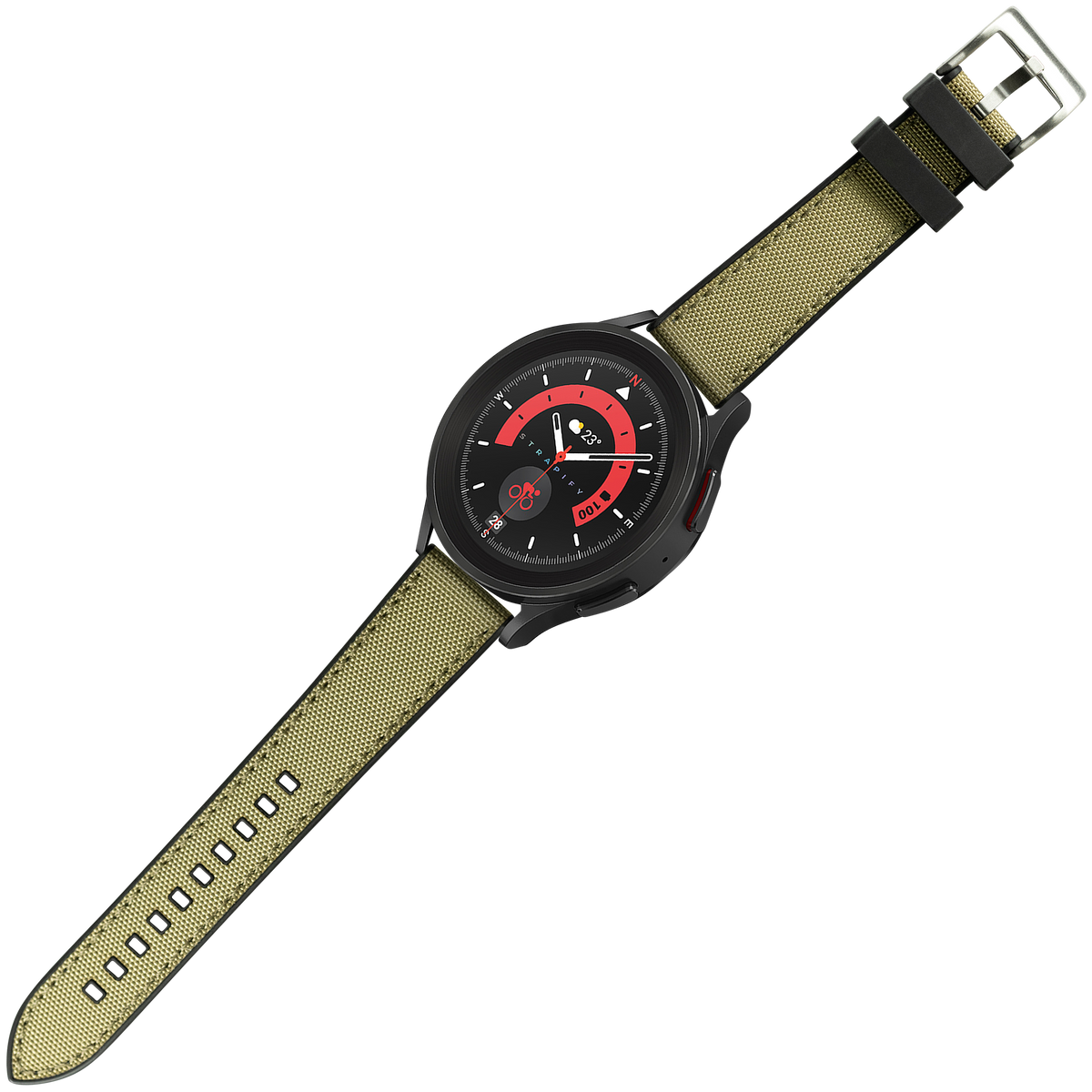 Black smartwatch with red dial and compass bezel, khaki sailcloth hybrid band with FKM rubber keeper and metal buckle
