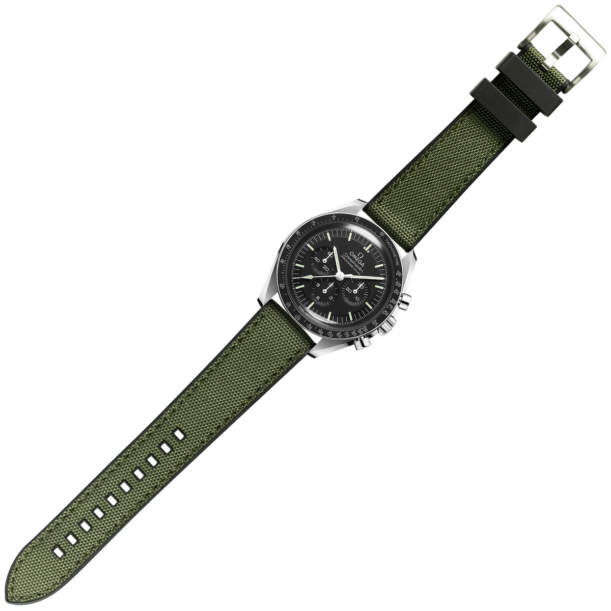 Stainless steel chronograph watch with black dial and olive sailcloth canvas hybrid strap with FKM rubber