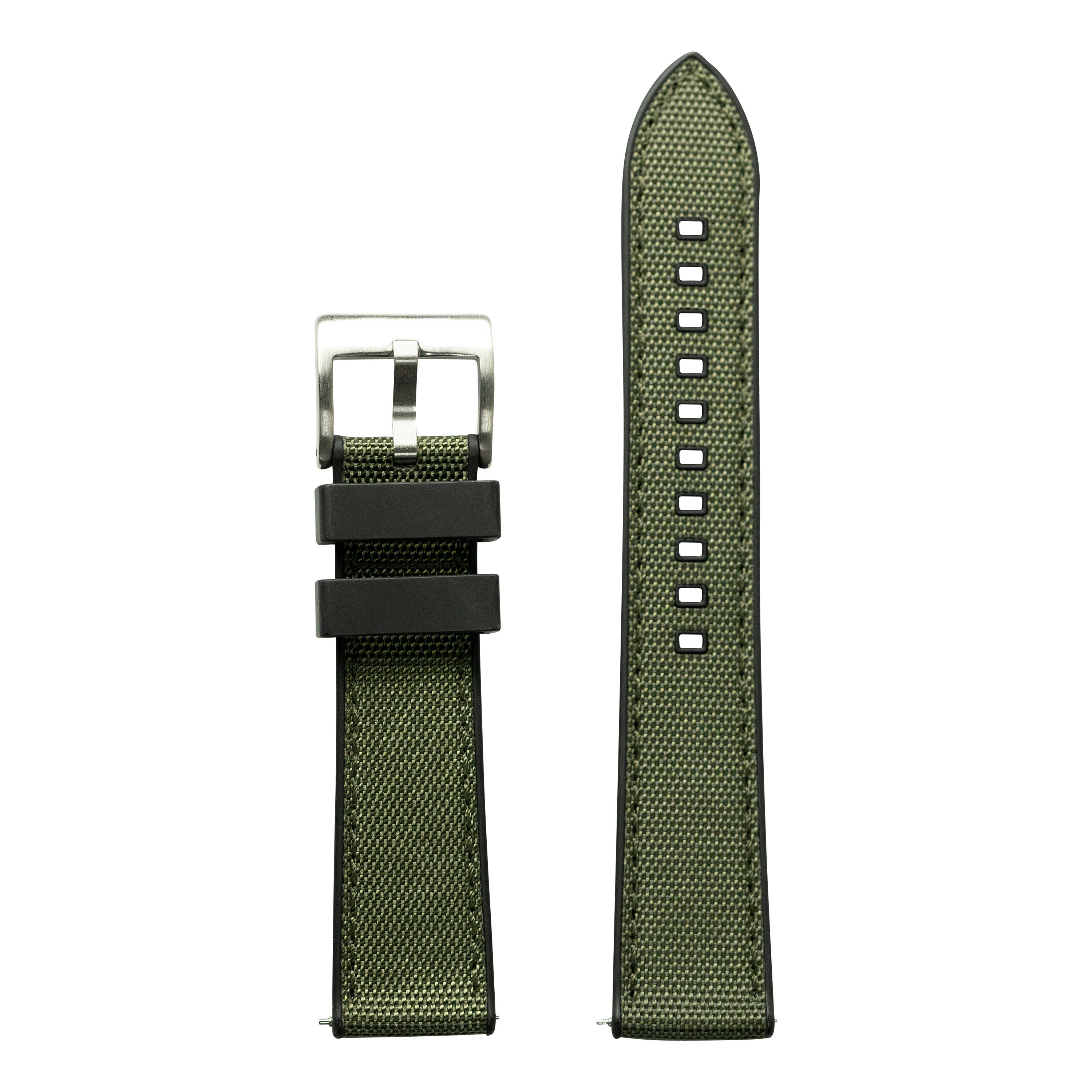Olive green sailcloth and FKM rubber hybrid watch band with silver buckle and quick-release pins for Galaxy Watch 8 Ultra