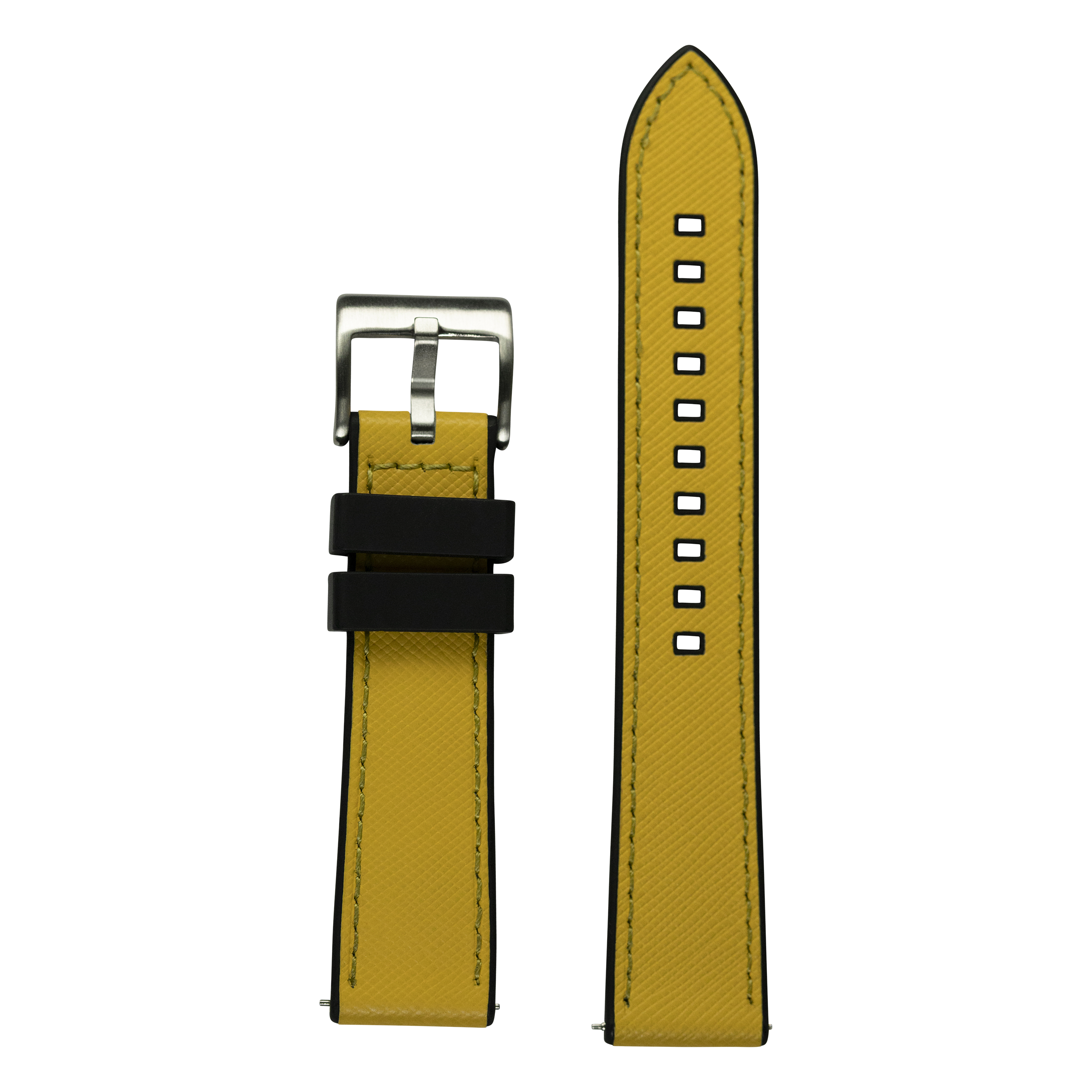 Yellow saffiano leather and black rubber hybrid watch band with white stitching and silver buckle