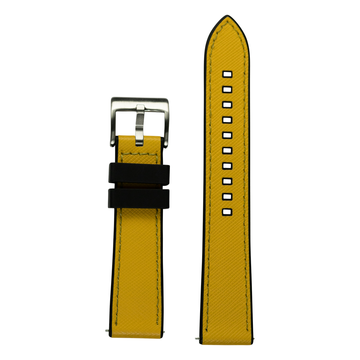 Yellow saffiano leather and black rubber hybrid watch band with white stitching and silver buckle