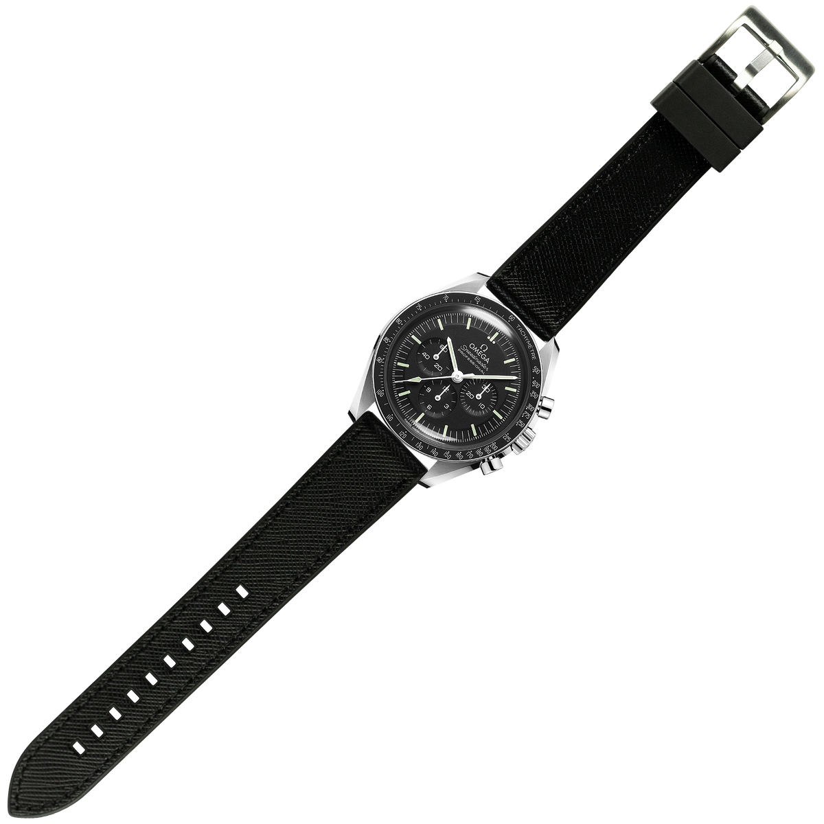 Black saffiano leather hybrid watch band with stainless steel buckle and chronograph dial featuring tachymeter bezel