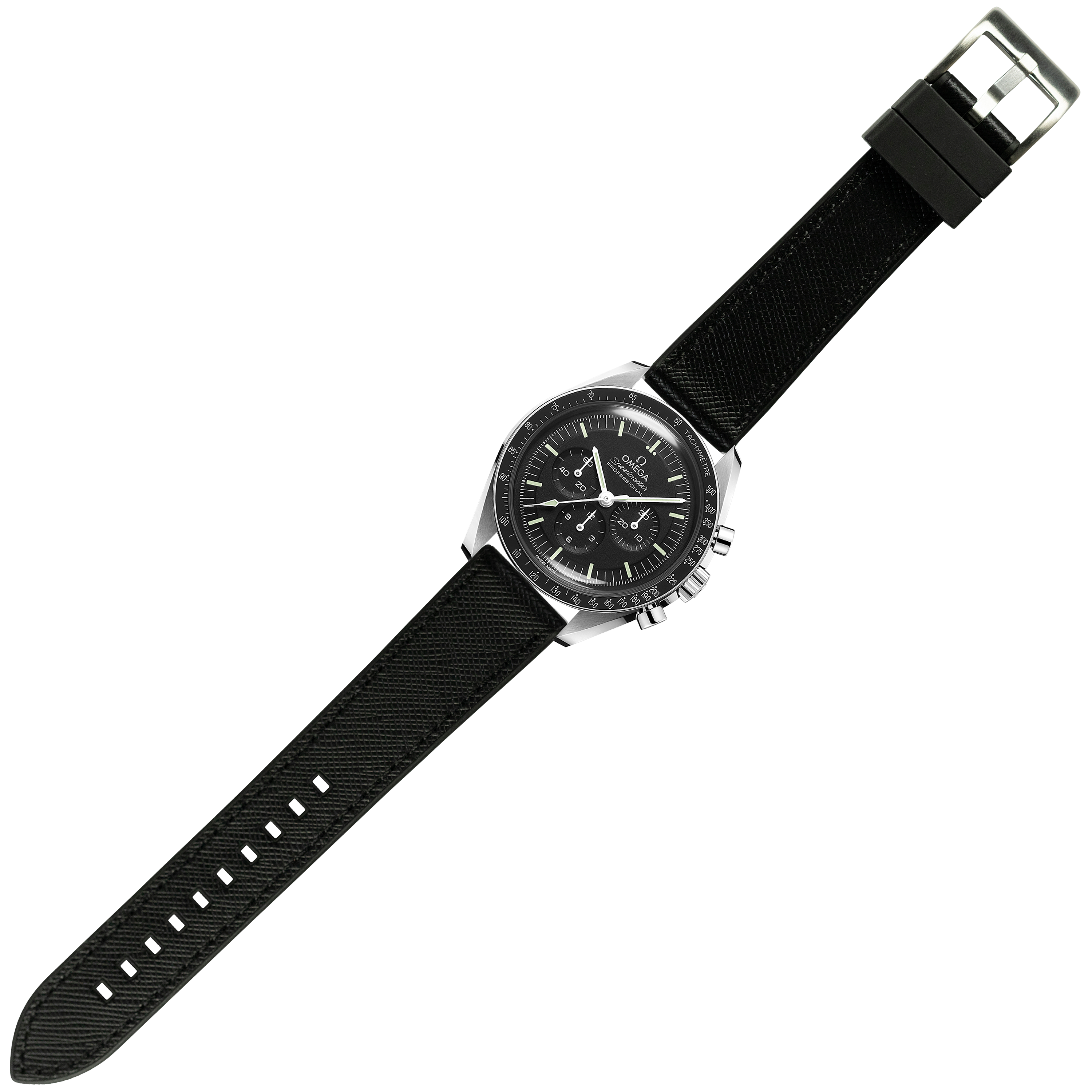 Stainless steel chronograph watch with black dial, tachymeter bezel, and quick release saffiano leather hybrid band