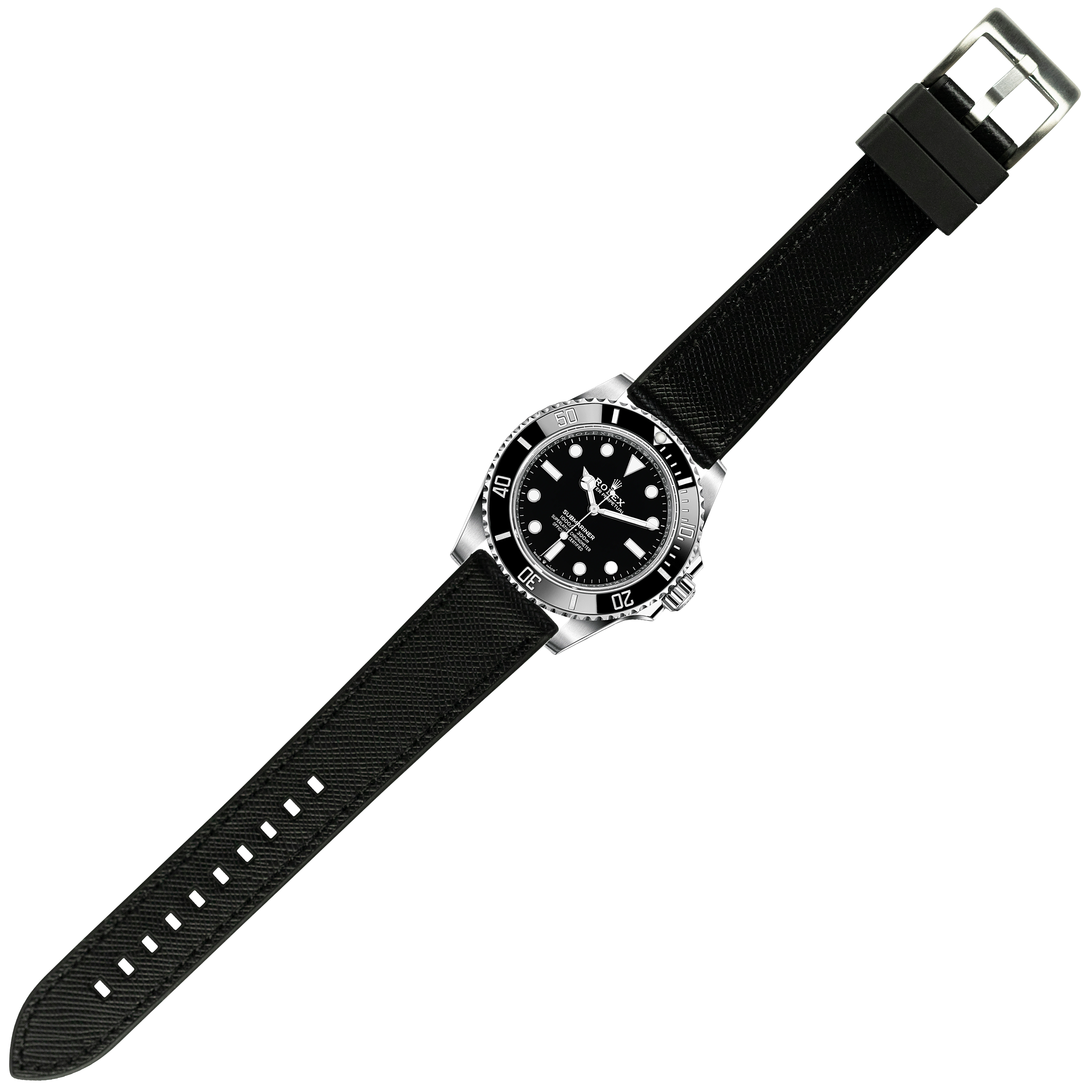 Stainless steel dive watch with black dial, rotating bezel, and black Saffiano leather strap with rubber hybrid construction