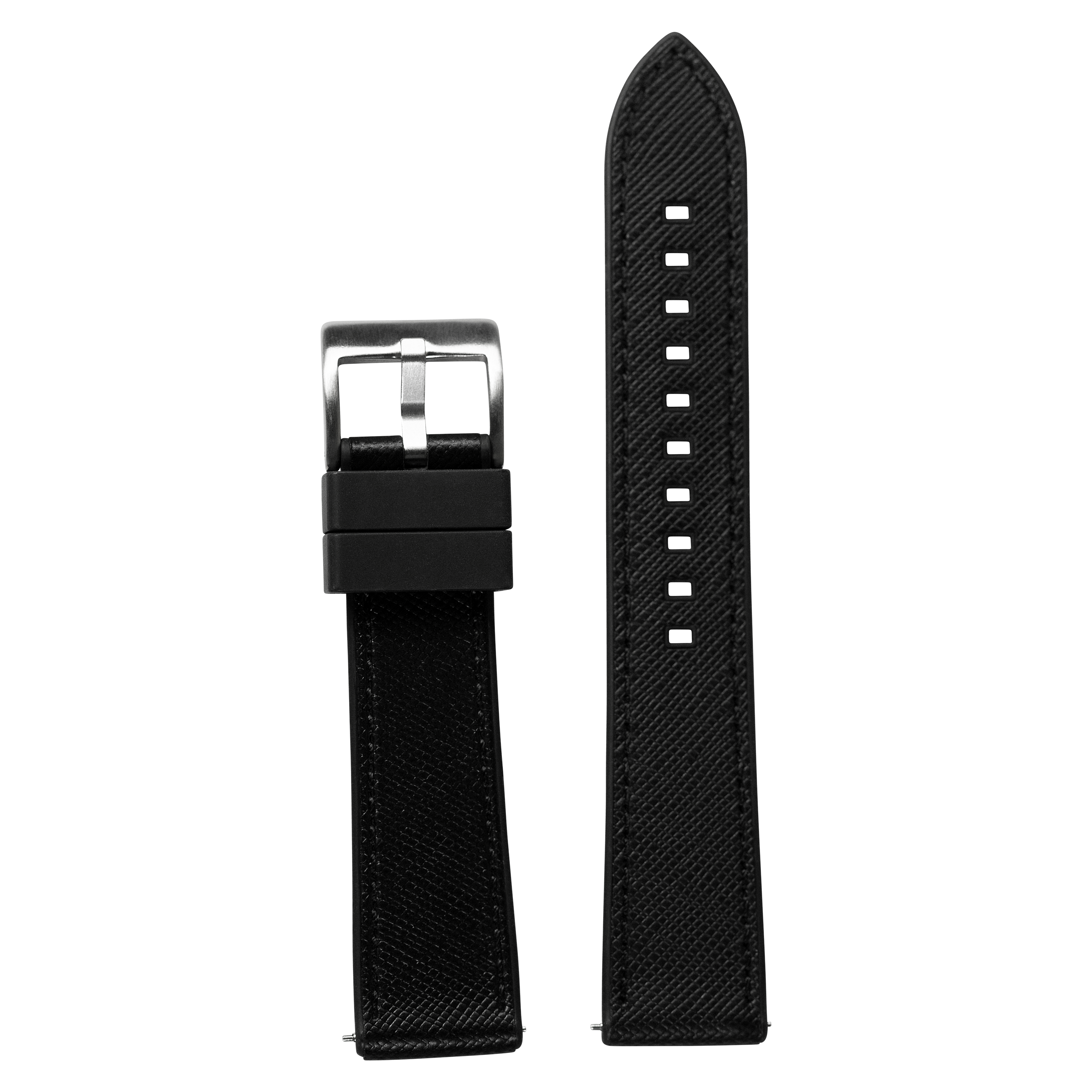 Black hybrid watch band with saffiano leather and FKM rubber, silver buckle, quick release pins shown separately