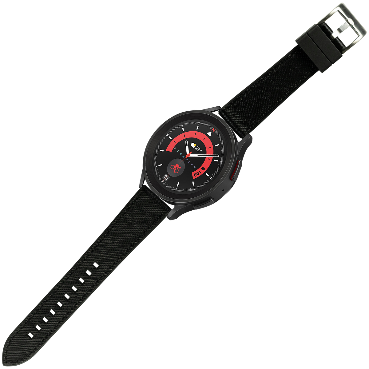 Black hybrid smartwatch with red accent dial, saffiano leather and rubber strap, metal buckle, analog watch face