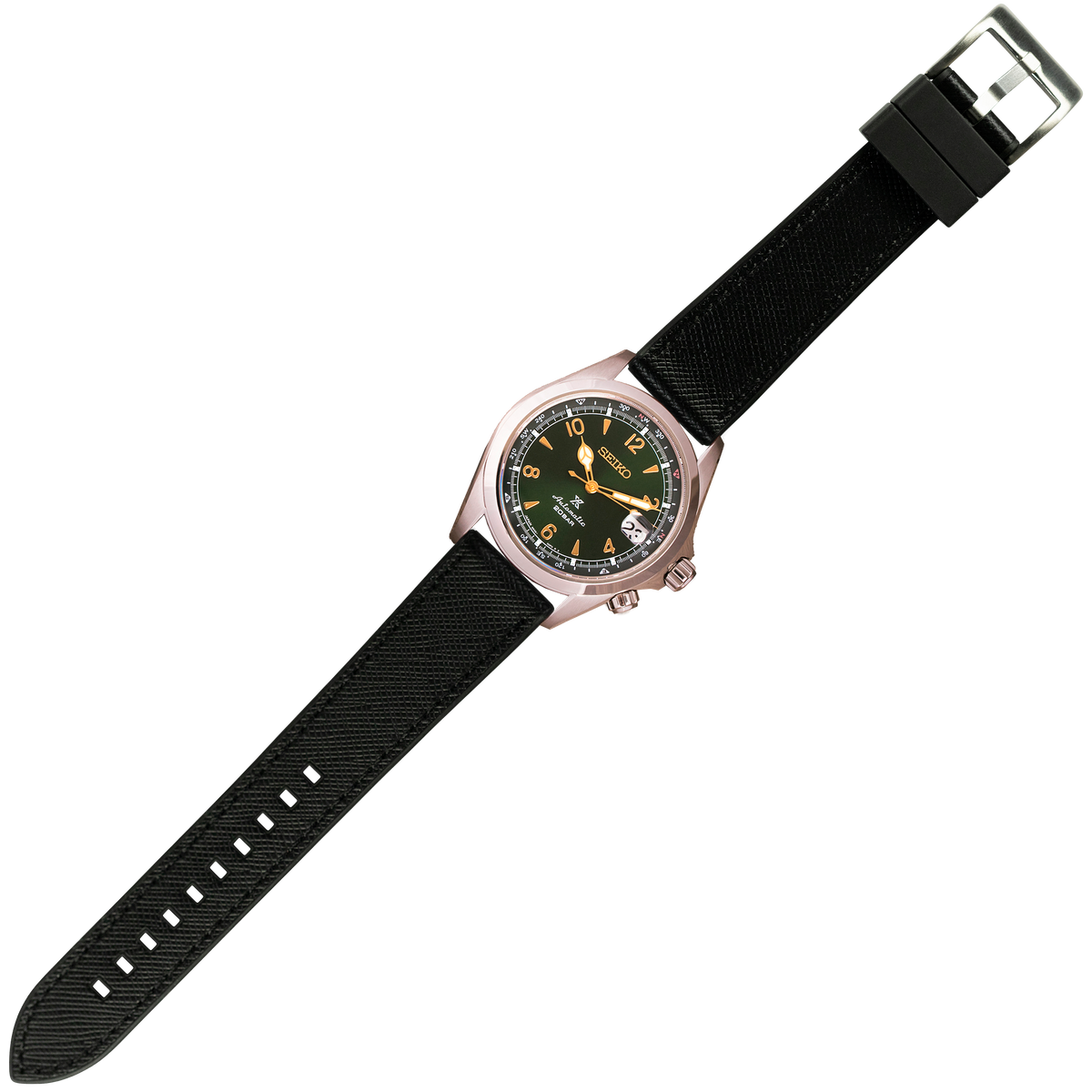 Seiko military dive watch with rose gold case, black dial, gold numerals, date window and black fabric strap