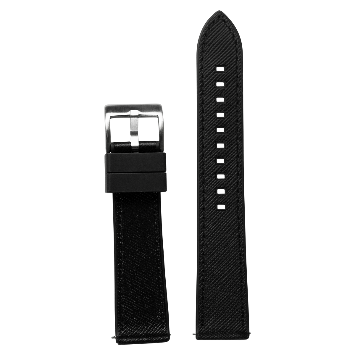 Black saffiano leather and FKM rubber hybrid watch band with silver buckle for Galaxy Watch 8 and Ultra