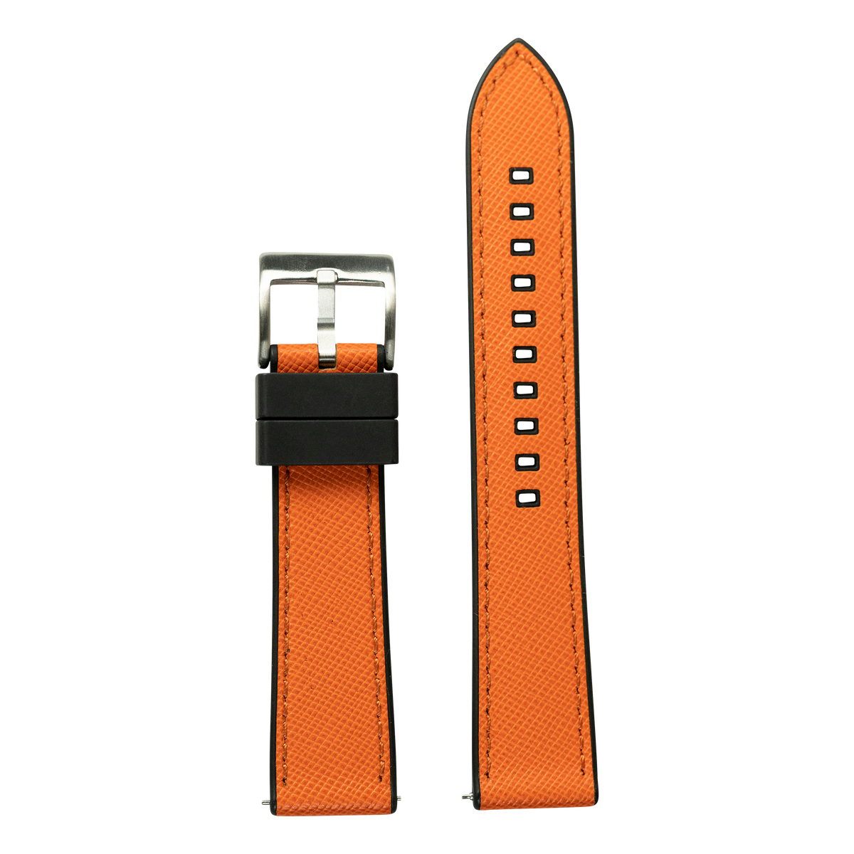 Orange saffiano leather and black FKM rubber hybrid Apple Watch band with silver buckle and contrast stitching