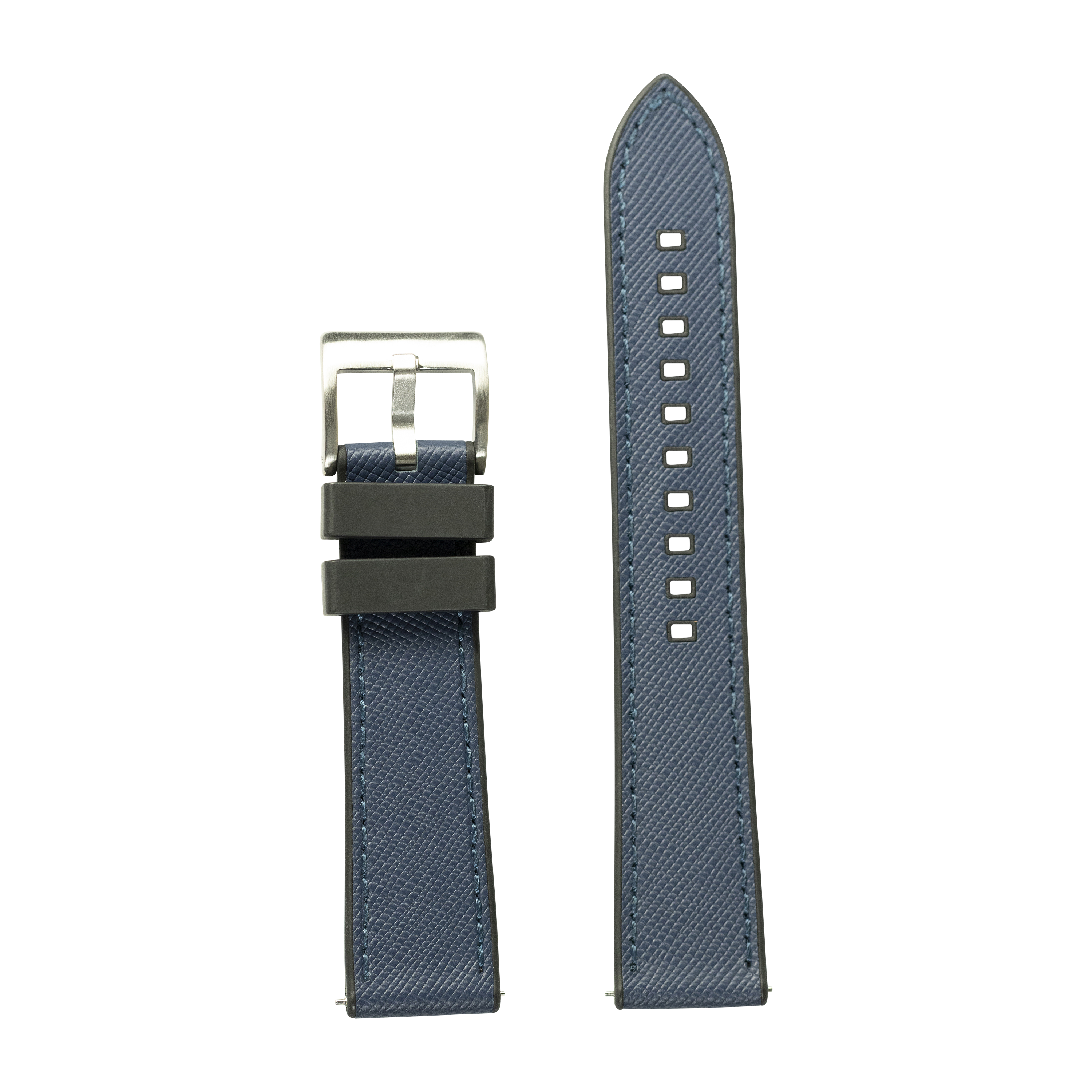 Blue Saffiano leather and rubber hybrid quick release watch strap with stainless steel buckle