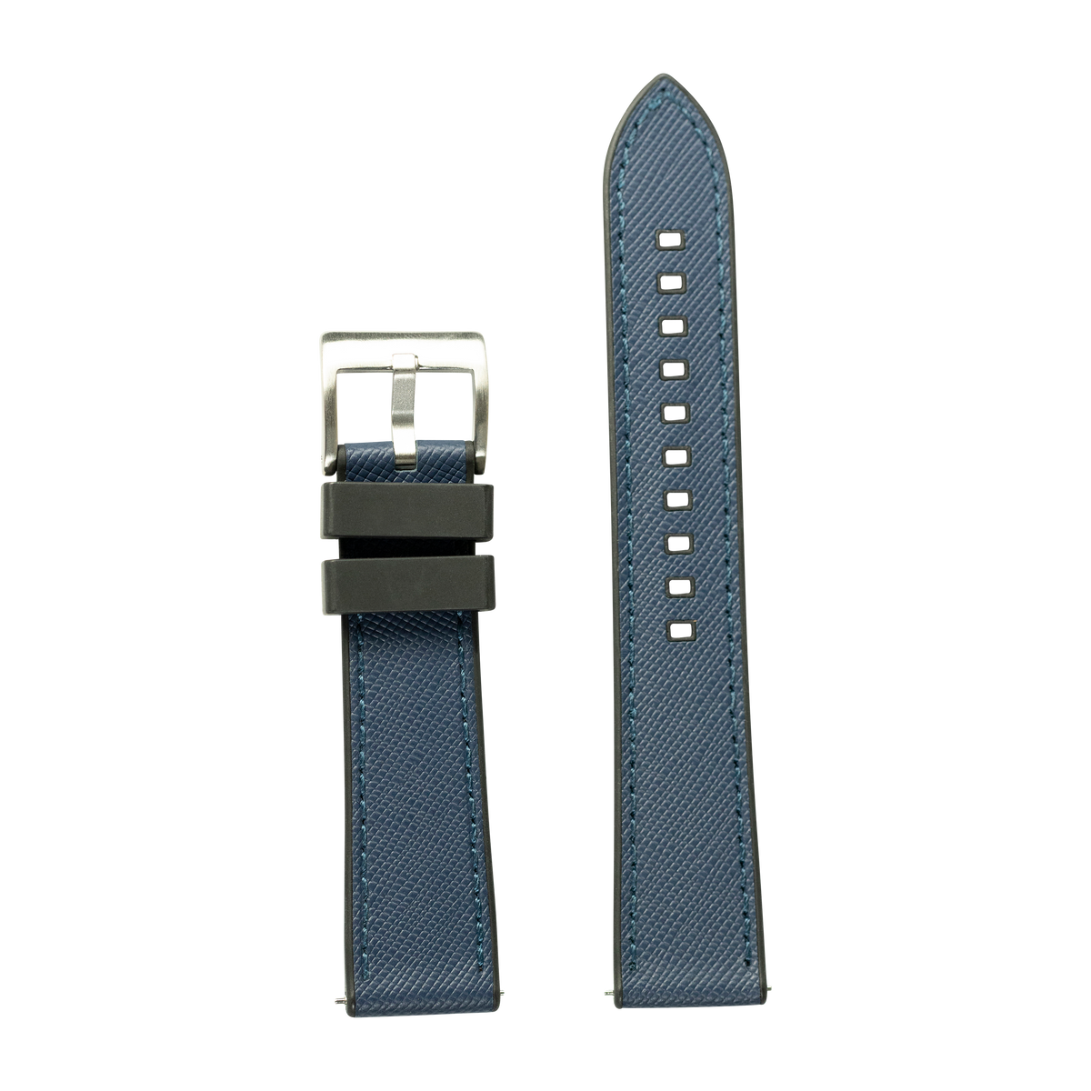 Blue saffiano leather and black rubber hybrid watch strap with stainless steel buckle, displayed with stitched detail view