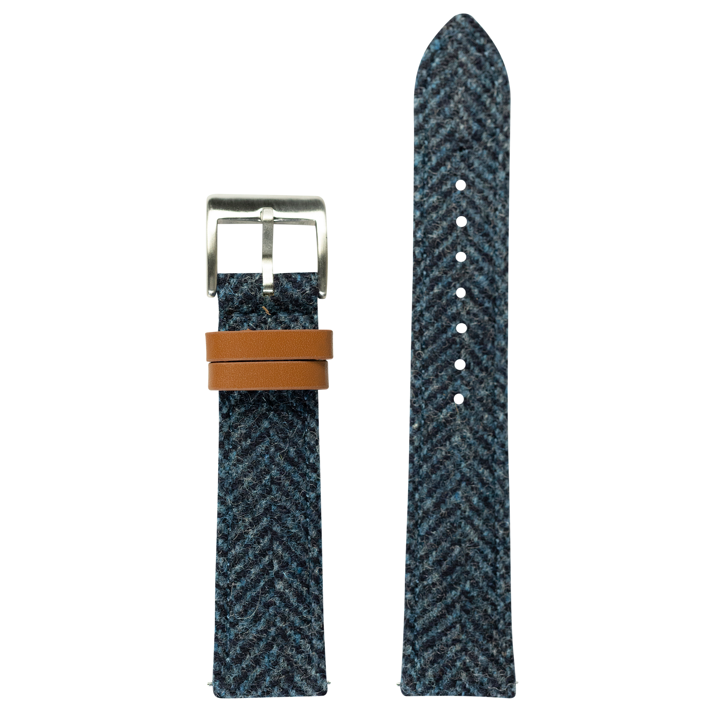 Harris Tweed herringbone blue watch band with tan leather accent and silver buckle