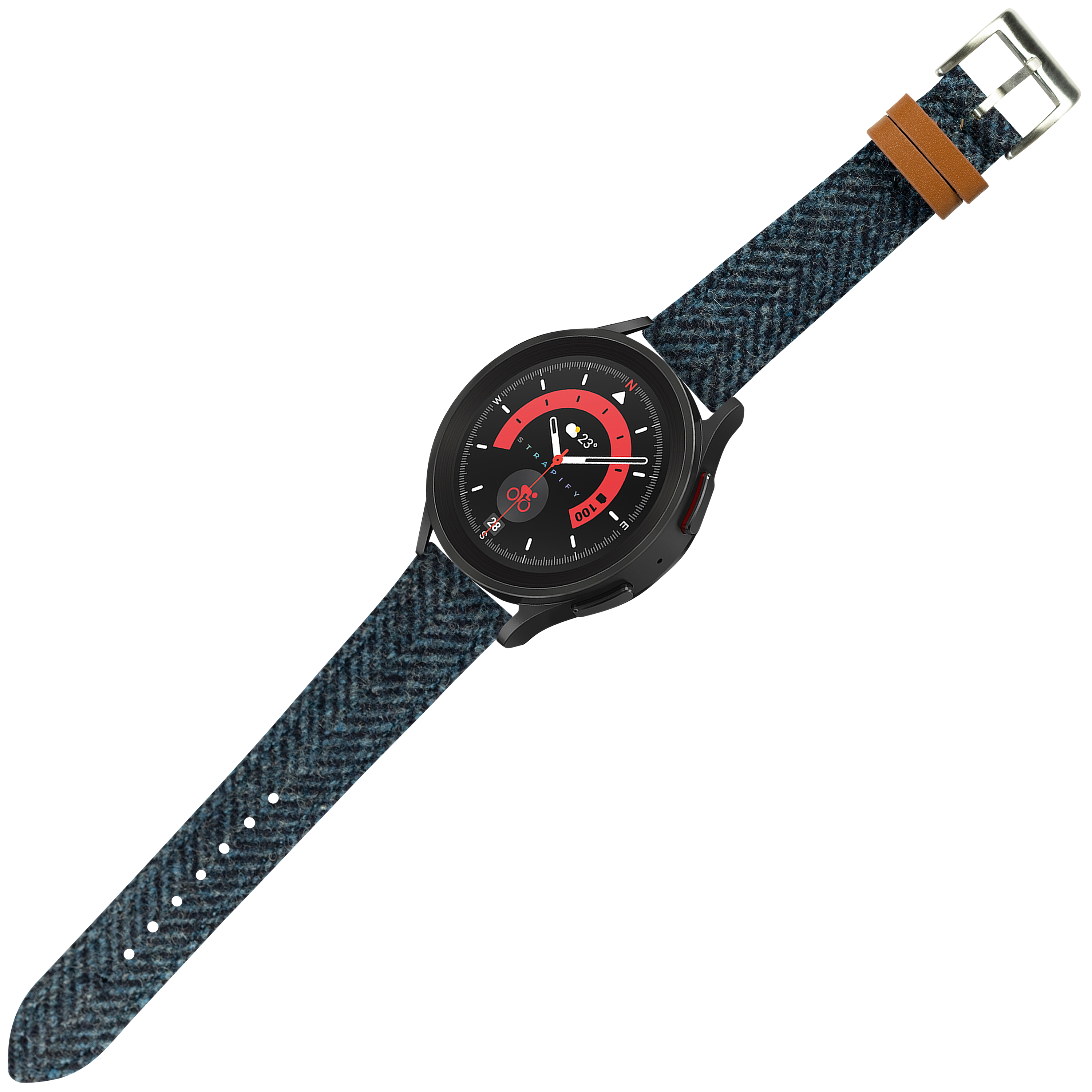 Black smartwatch with red dial and Harris Tweed blue herringbone fabric strap featuring tan leather keeper