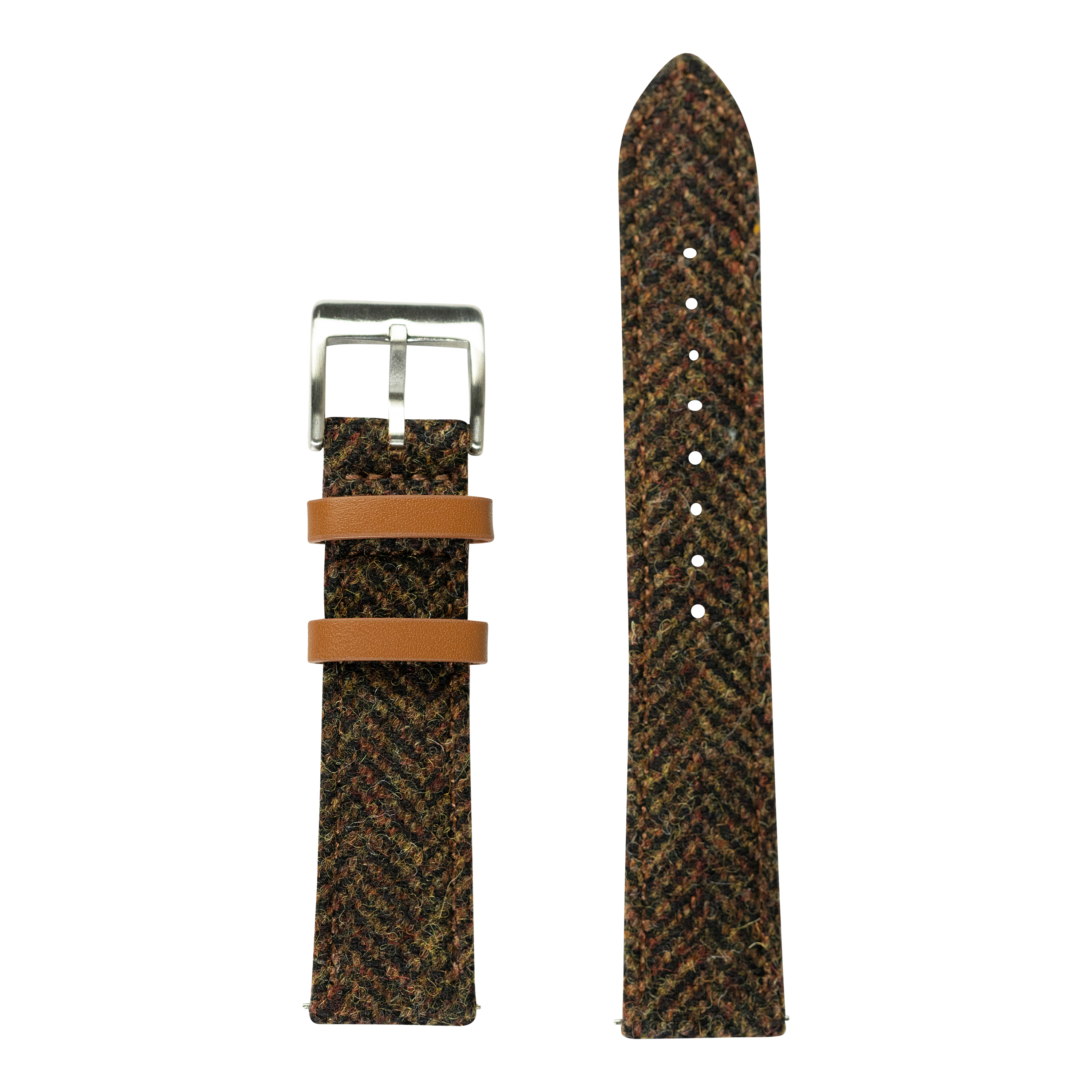 Harris Tweed herringbone brown quick release watch strap with tan leather keepers and silver buckle