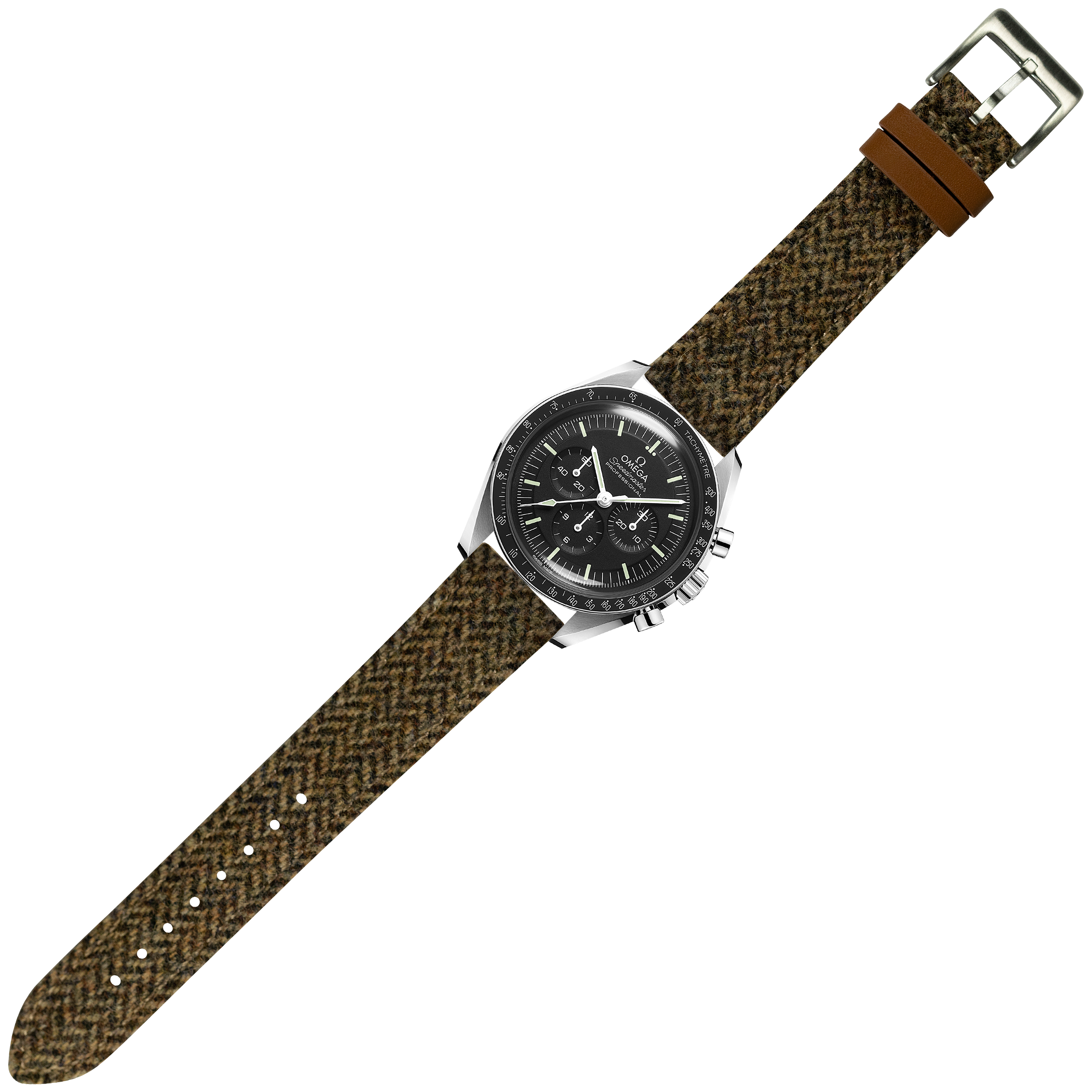 Stainless steel chronograph watch with black dial and tan Harris Tweed herringbone fabric strap with quick release buckle
