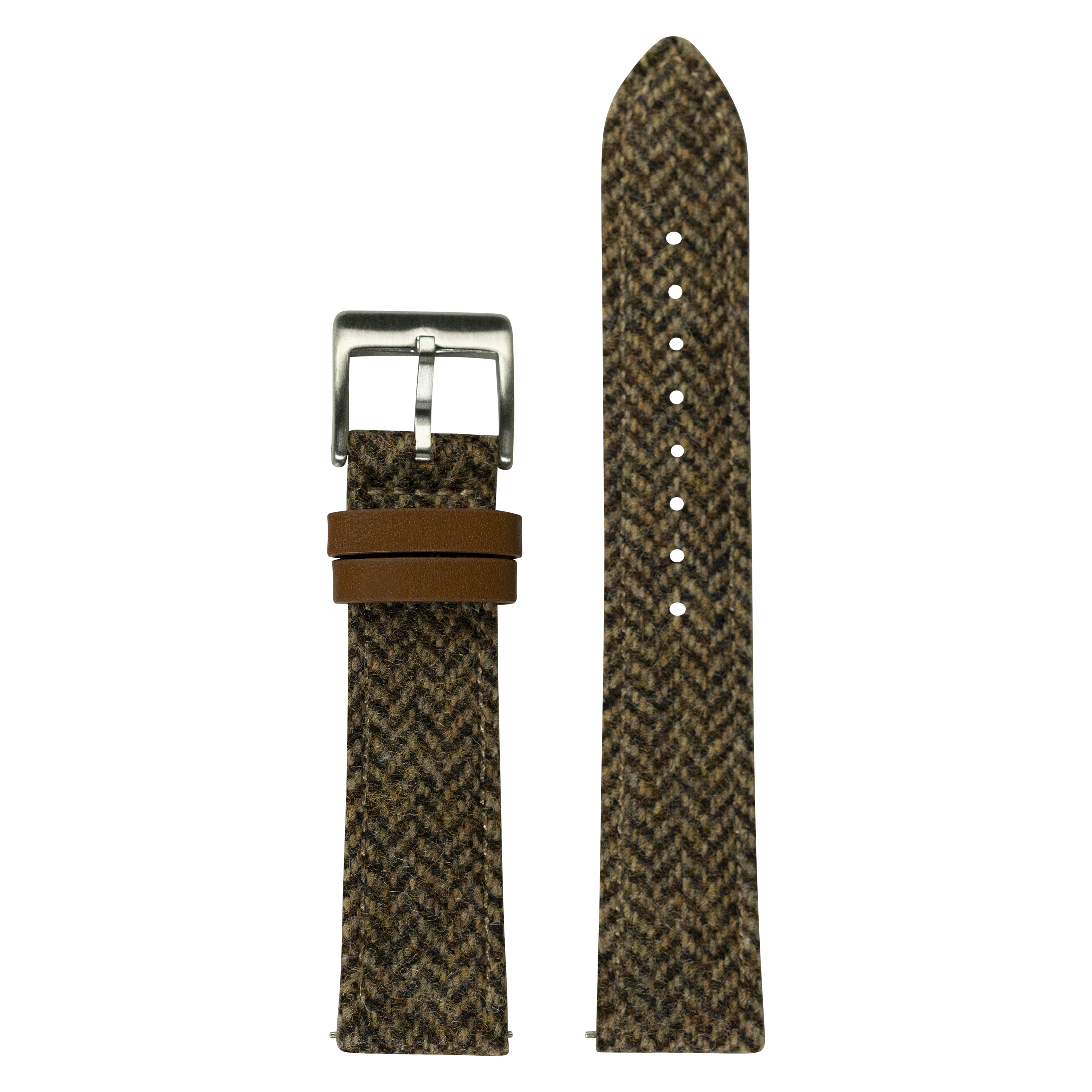 Quick Release Harris Tweed herringbone watch strap in dark brown with silver buckle and leather keeper