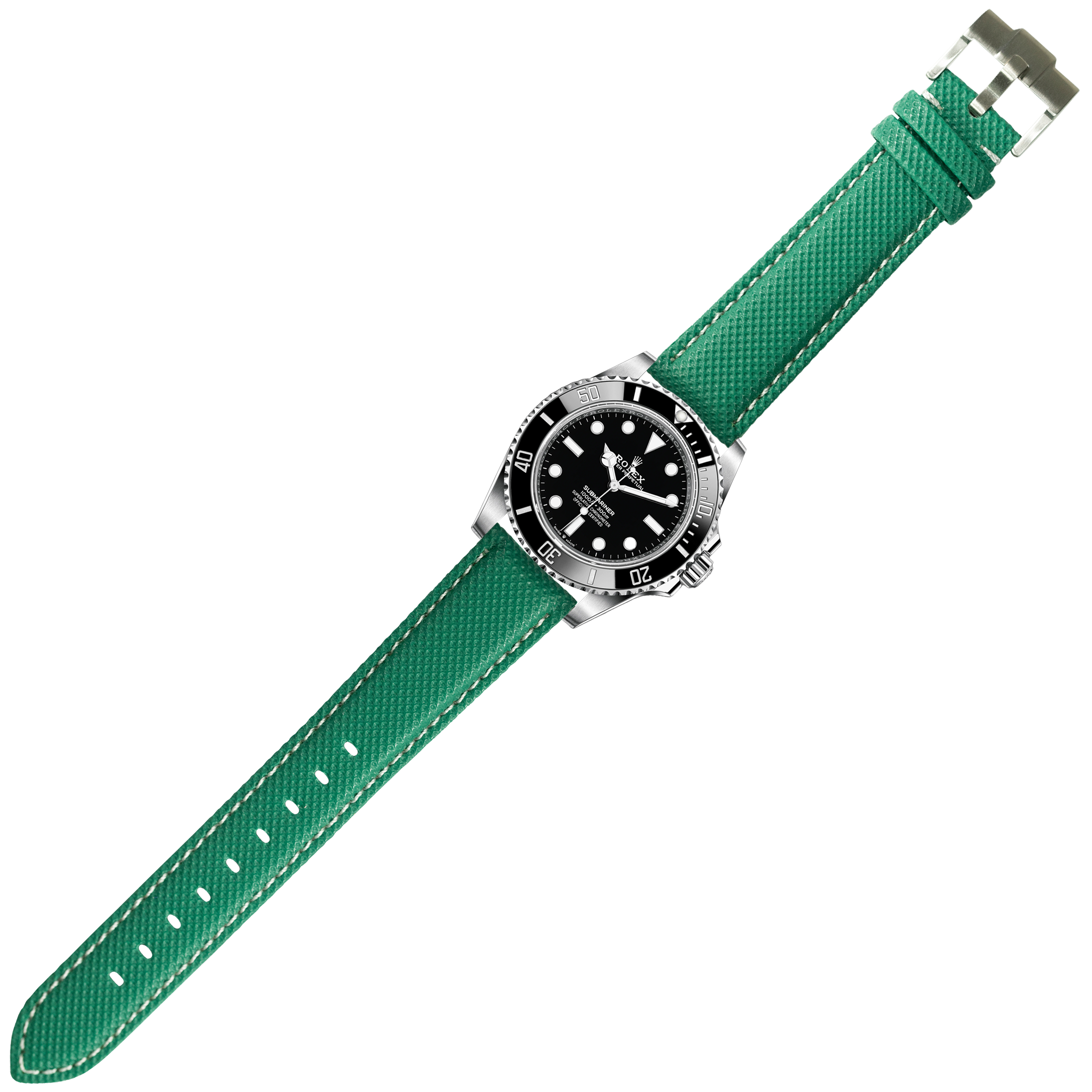 Stainless steel dive watch with black dial on emerald green sailcloth quick release strap with white stitching
