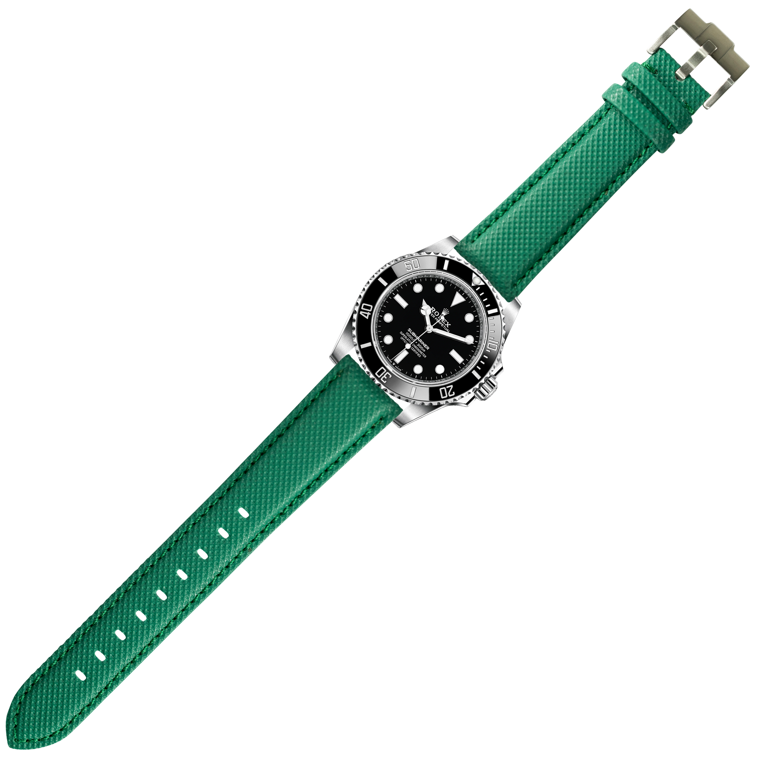Luxury sports watch with stainless steel case and black dial on emerald green quick release sailcloth strap