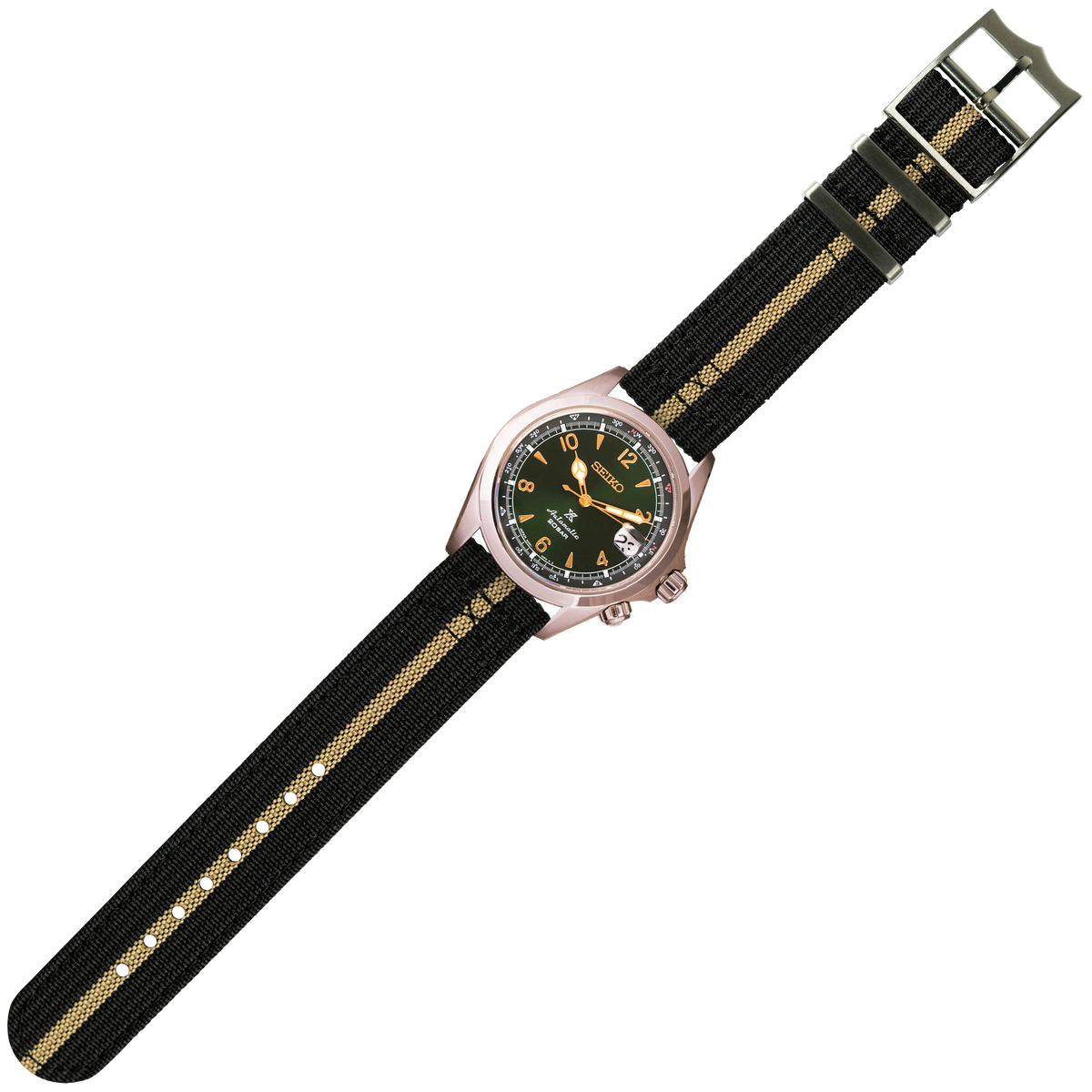 Seiko automatic watch with black dial, gold markers, and stainless steel case on black fabric strap with tan stripe