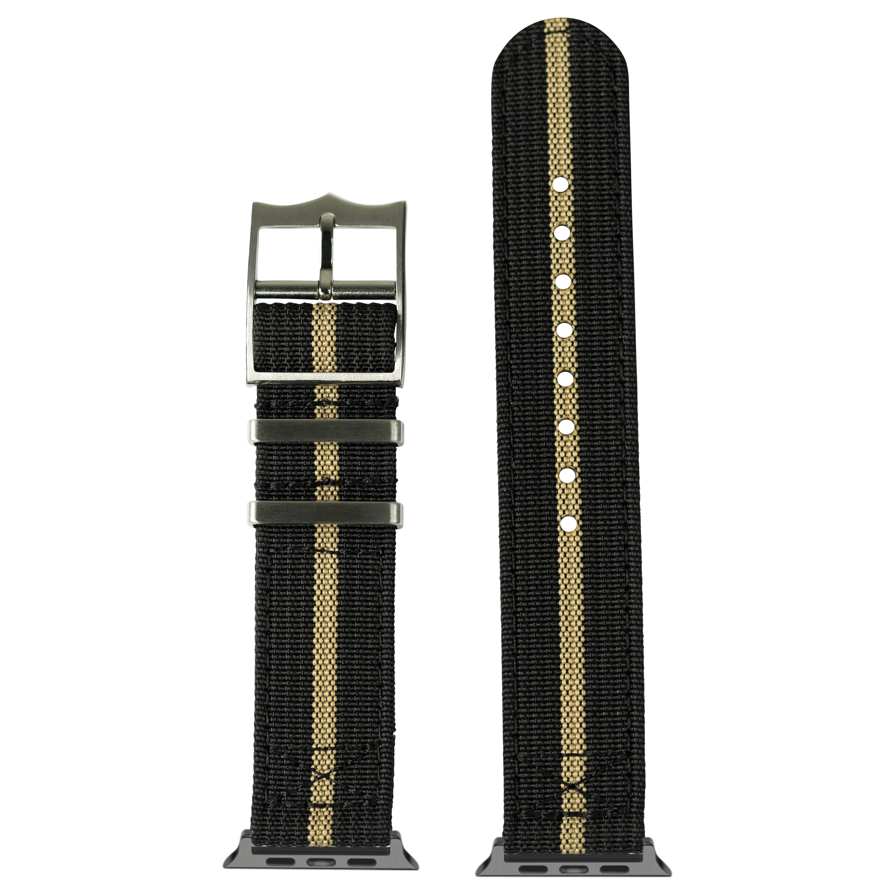 Black and tan striped woven fabric Apple Watch band with gunmetal hardware and removable connector pins
