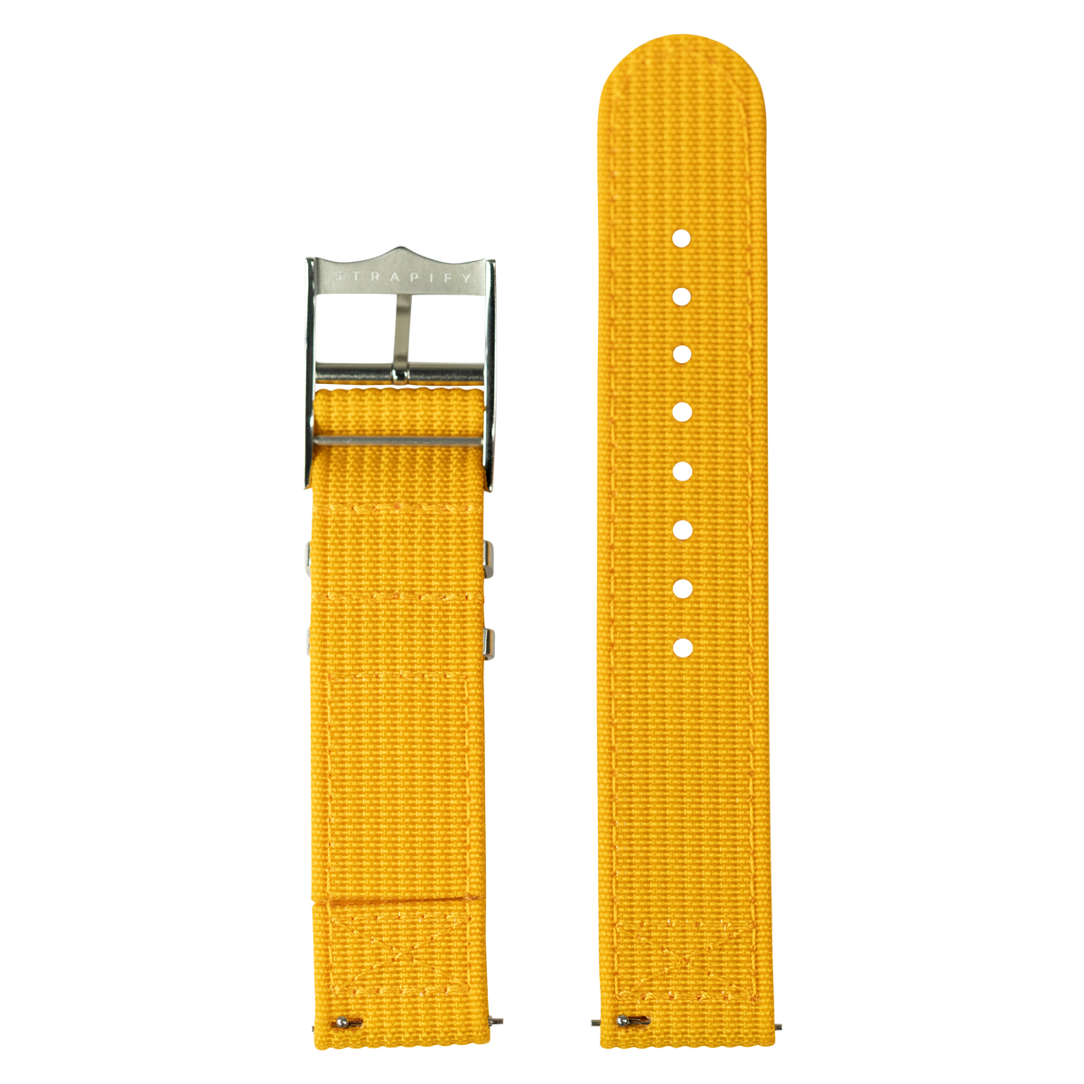 Yellow canvas watch band with metal buckle and white adjustment holes, shown assembled and unassembled for Fitbit Versa 3 4 and Sense