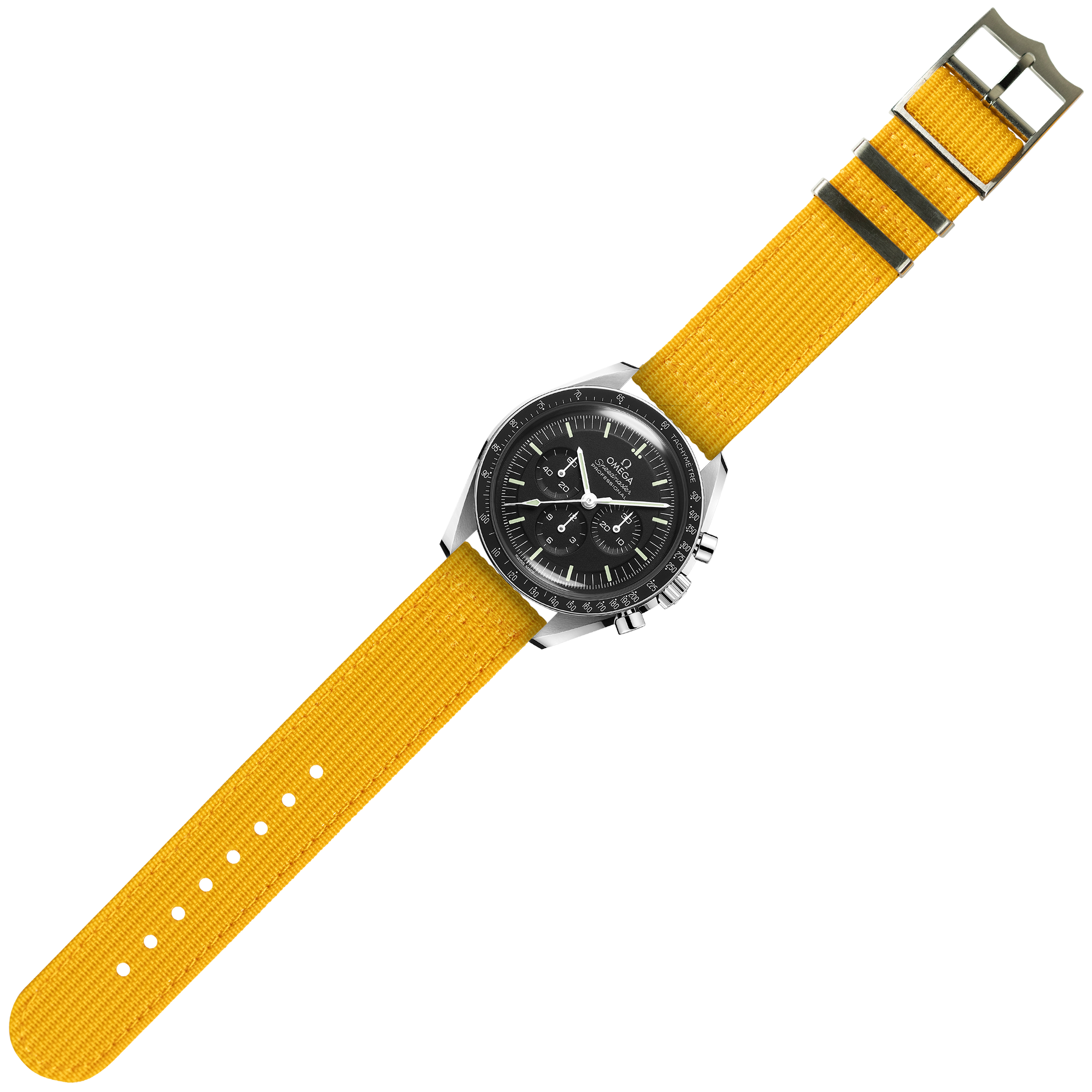 Steel chronograph watch with black dial and yellow fabric military-style strap with striped detailing