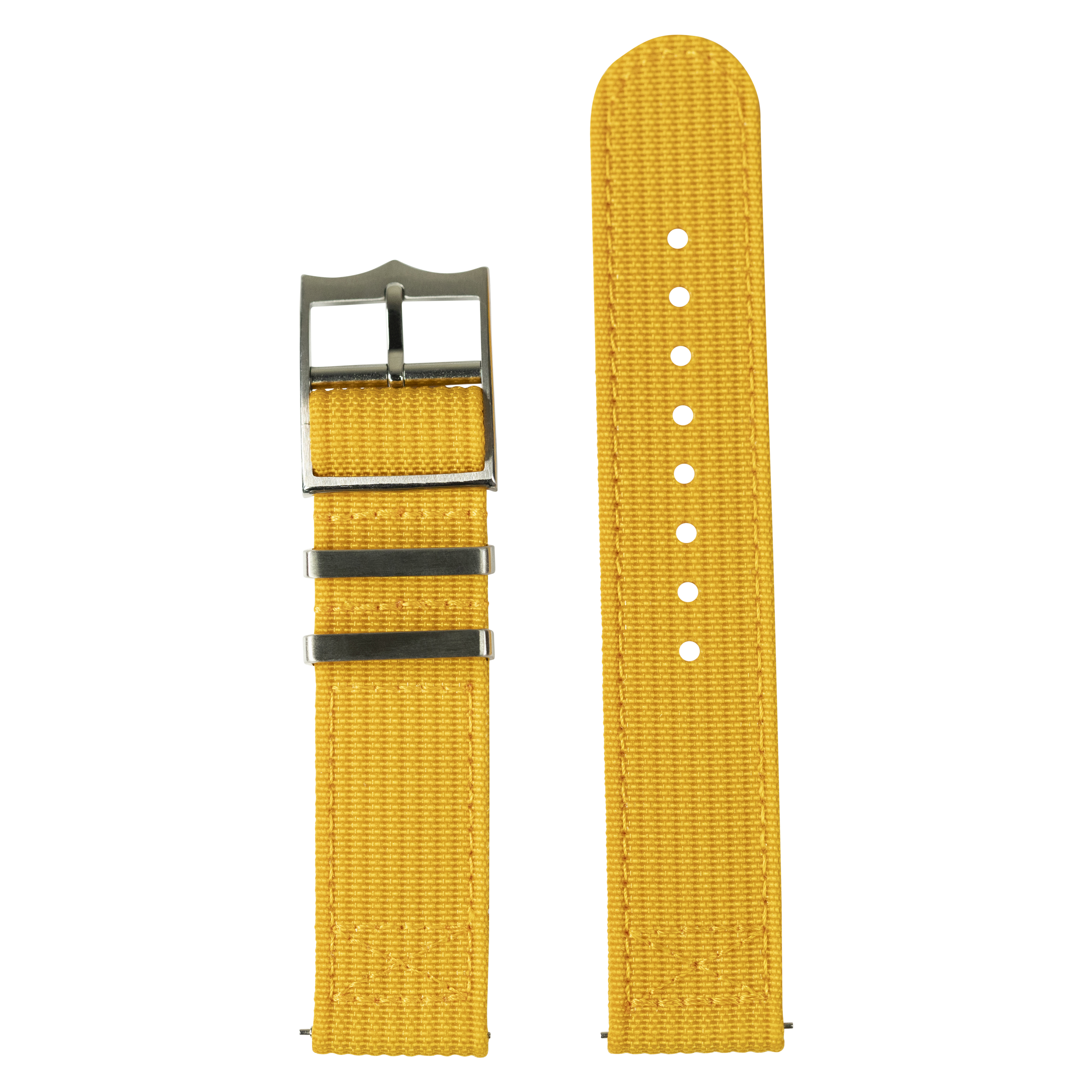 Yellow canvas watch band with metal buckle and adjustment holes, compatible with Galaxy Watch models