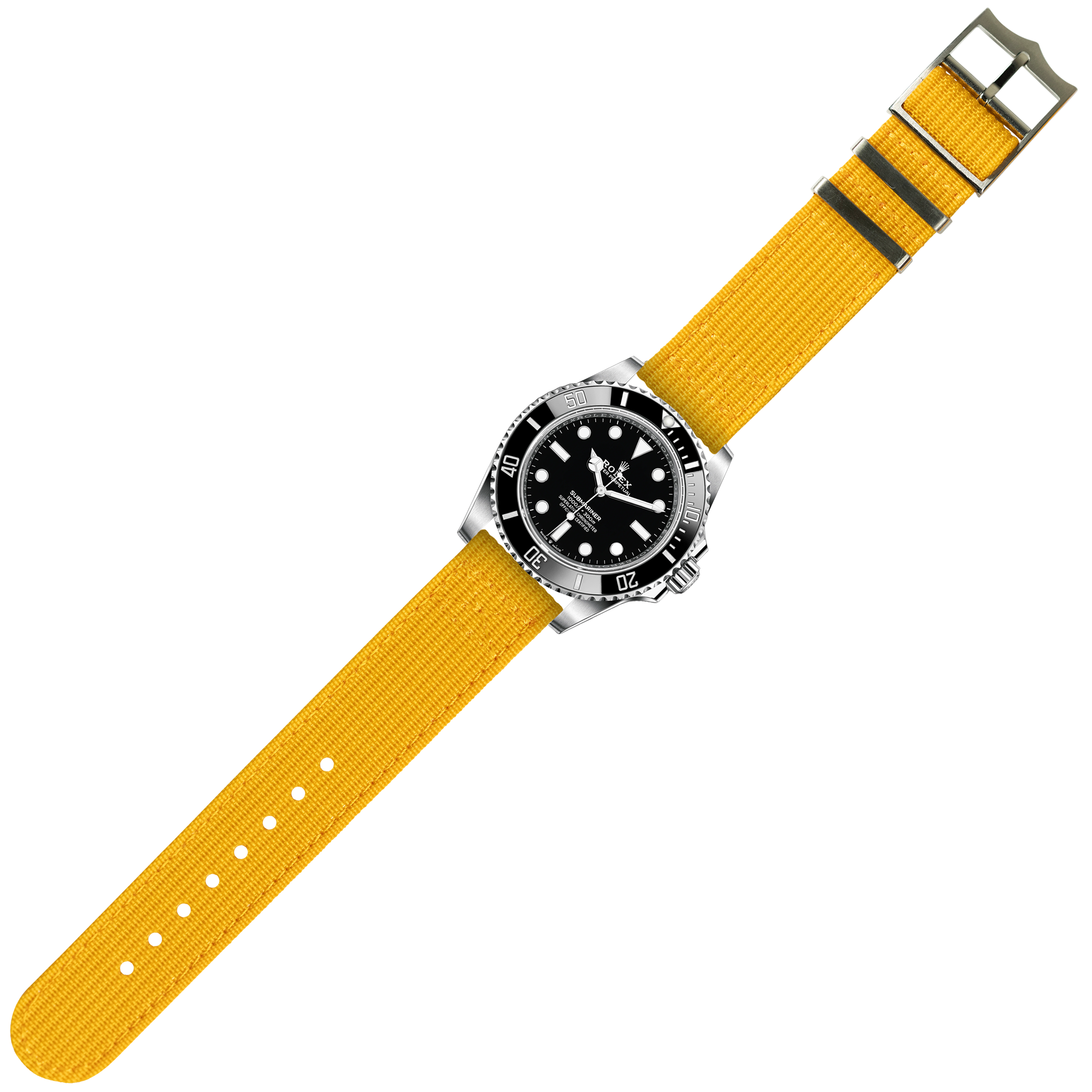 Silver dive watch with black dial and yellow fabric military strap with metal buckle