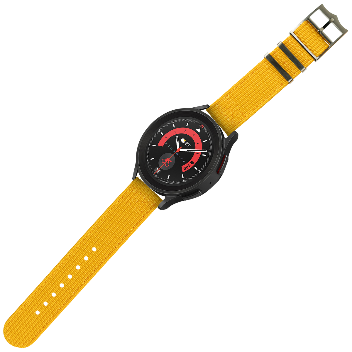 Black smartwatch with red dial and mustard yellow fabric military-style band with black stripe accents