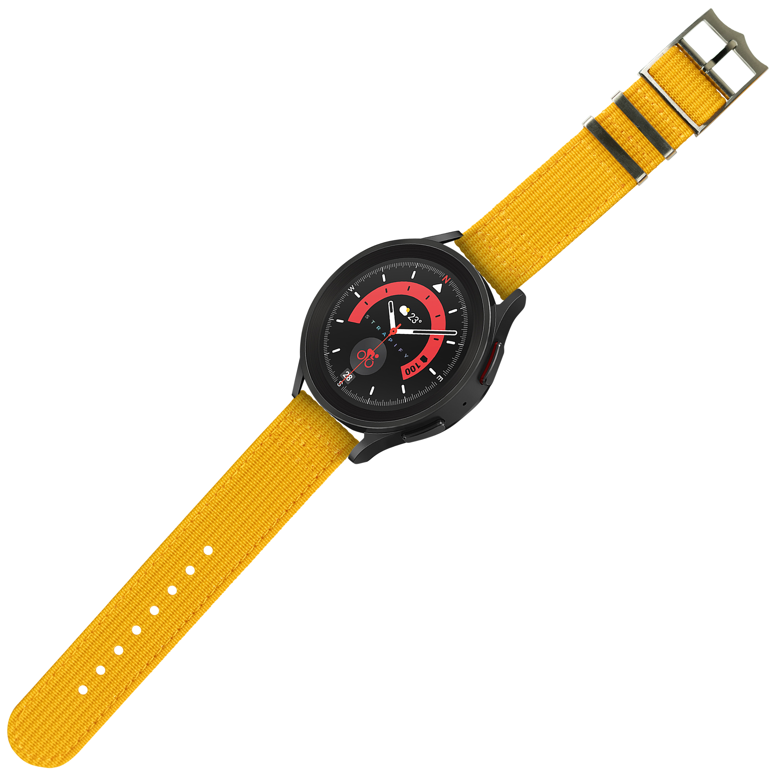 Black sports watch with red dial and mustard yellow textile strap featuring quick release mechanism