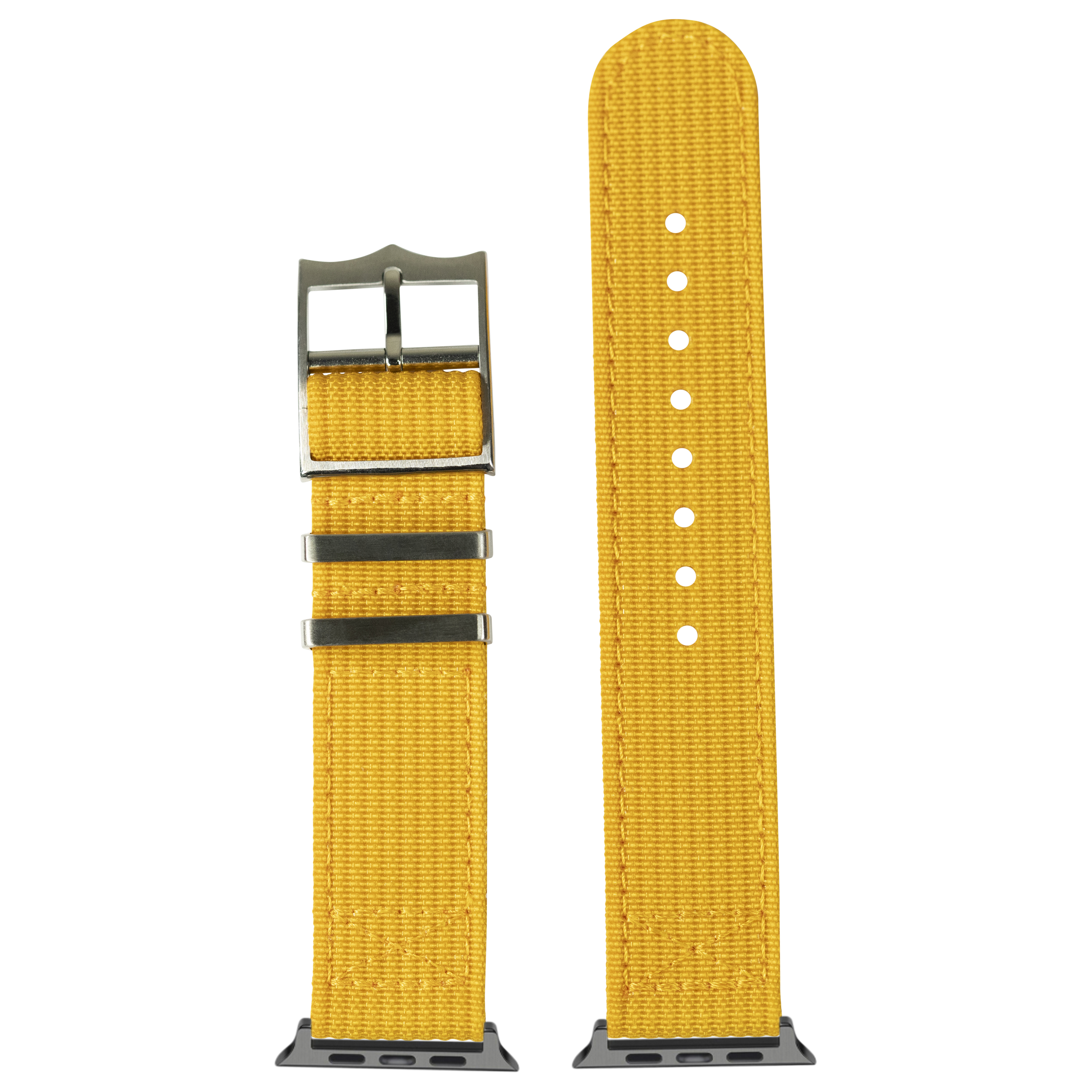 Yellow military canvas watch band with gunmetal buckle and adapters, shown assembled and separately