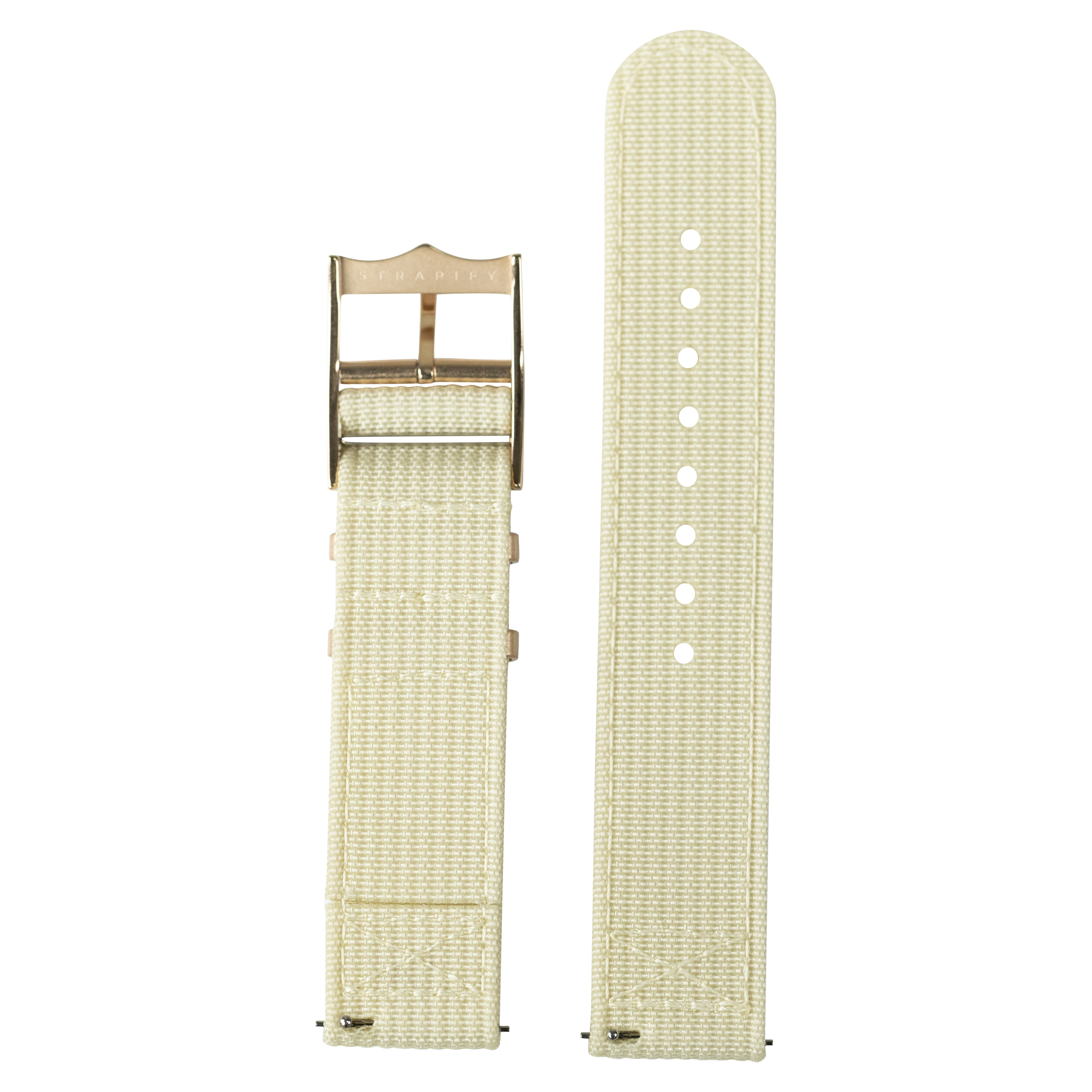Beige canvas watch band with metal buckle for Fitbit Versa and Sense smartwatches, shown assembled and unassembled