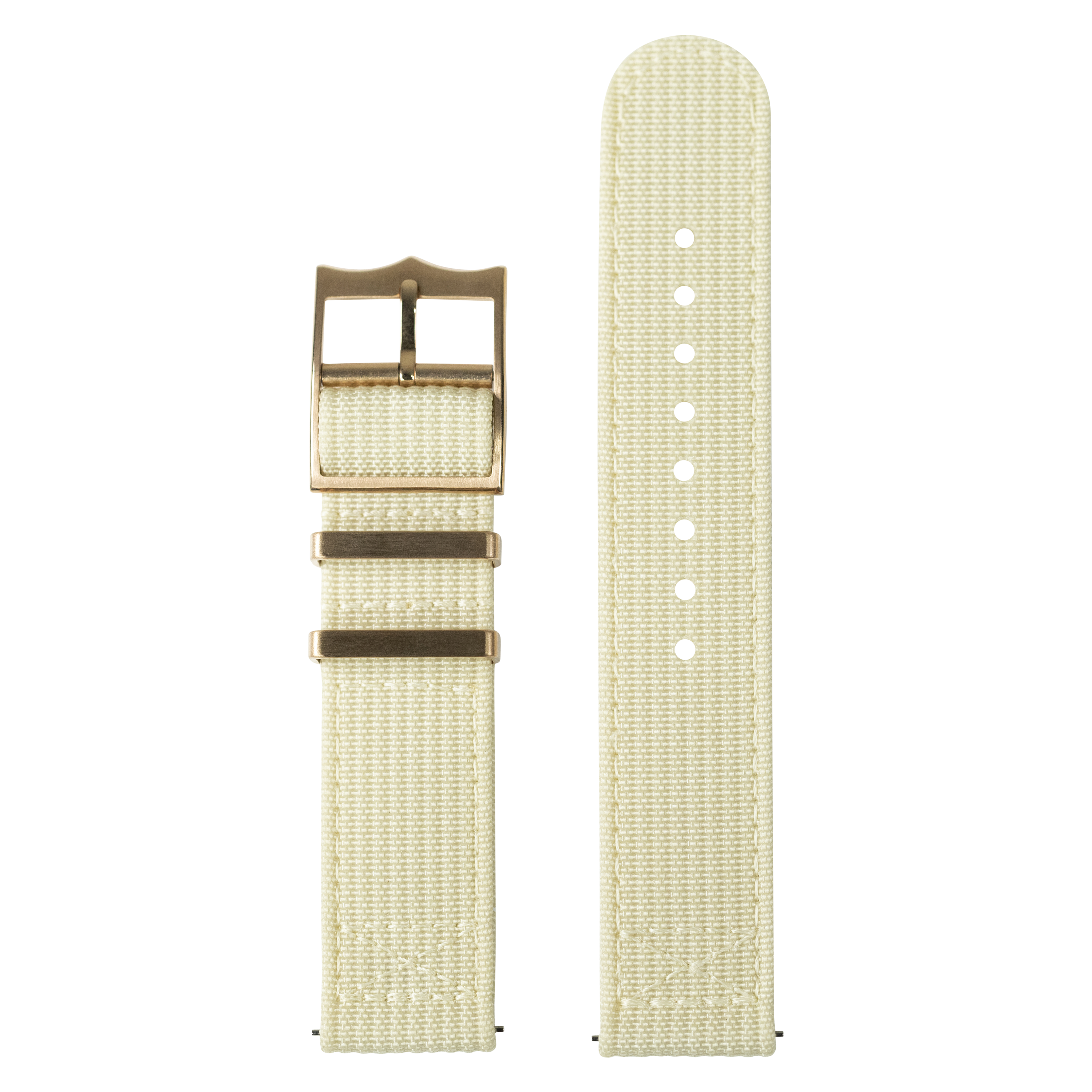 Beige canvas watch band with bronze buckle and adjustment holes for Fitbit Versa 3, 4, Sense 1 and 2