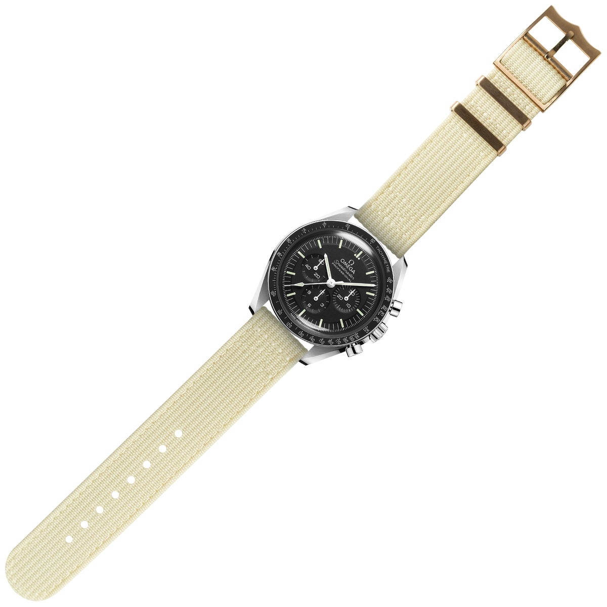 Chronograph watch with black dial and silver case on beige fabric NATO-style strap with bronze buckle