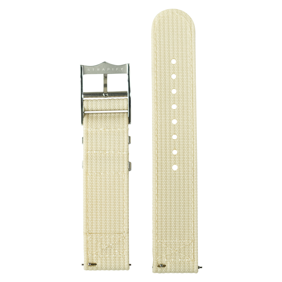 Beige canvas watch band with stainless steel buckle for Fitbit Versa and Sense smartwatches, shown assembled and unrolled