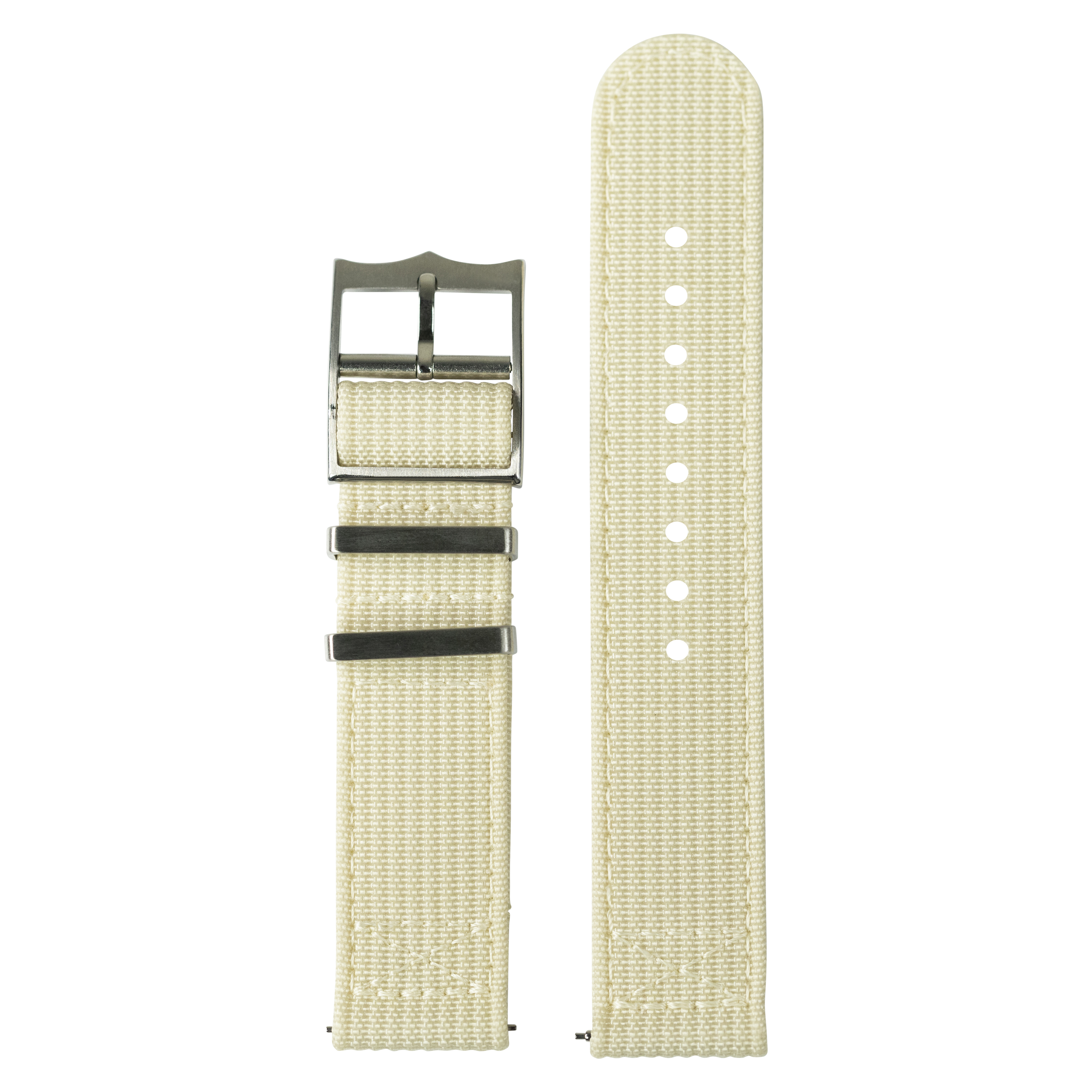 Beige fabric watch band with gunmetal buckle for Fitbit Versa 3, Versa 4, Sense 1 and Sense 2 smartwatches