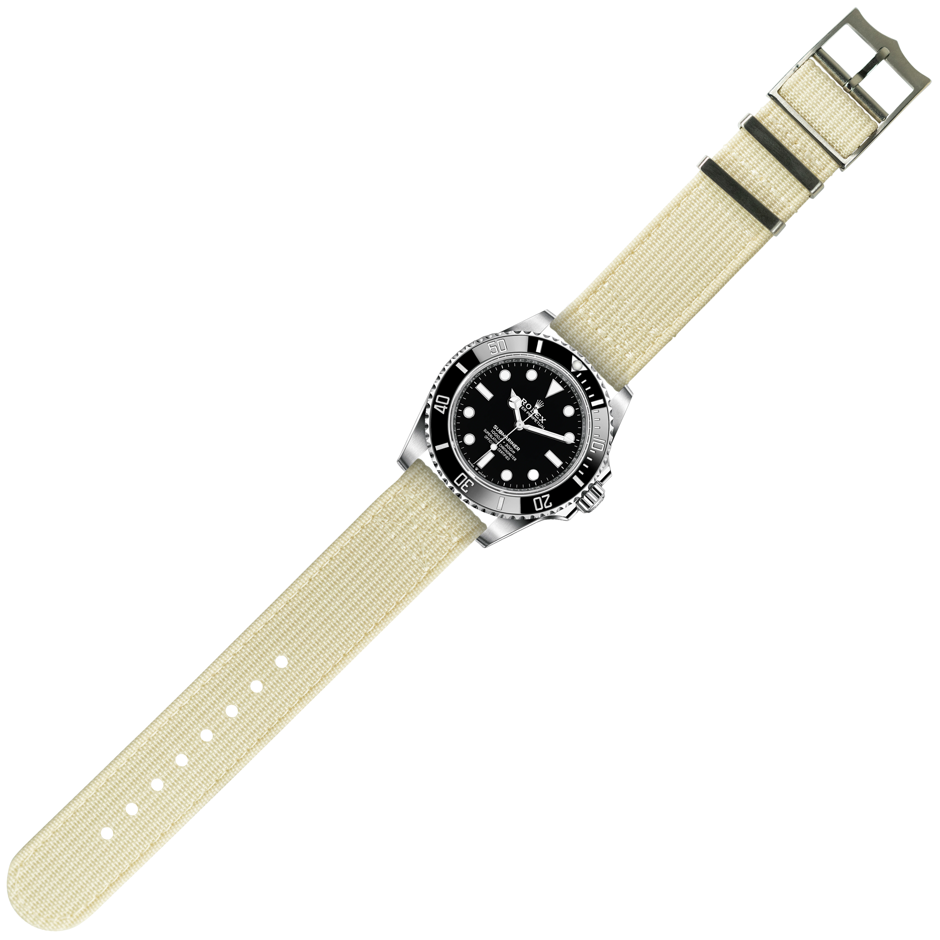 Stainless steel dive watch with black dial and beige fabric military-style strap with metal keepers