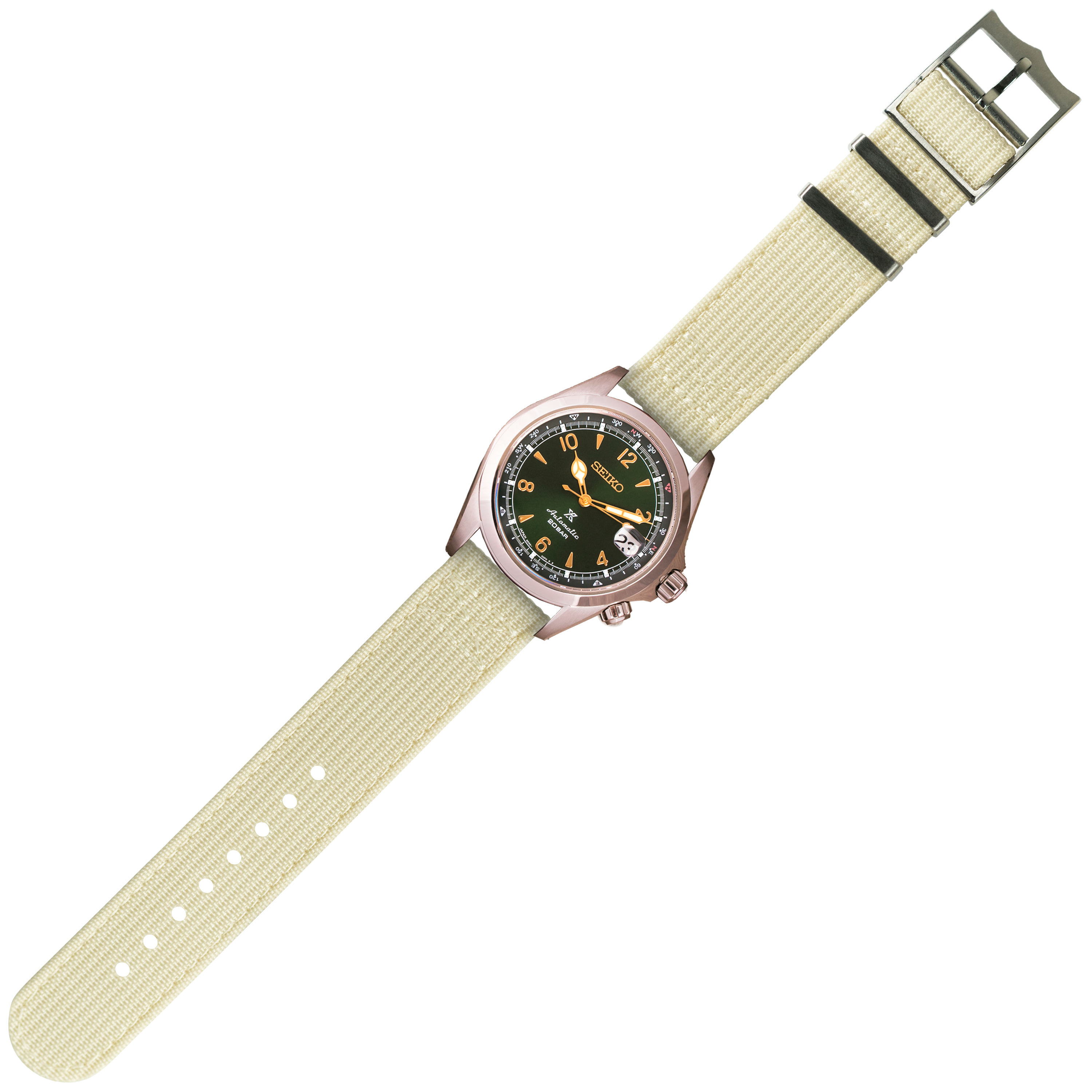 Seiko automatic watch with cream canvas strap, black dial, gold hour markers, and stainless steel case