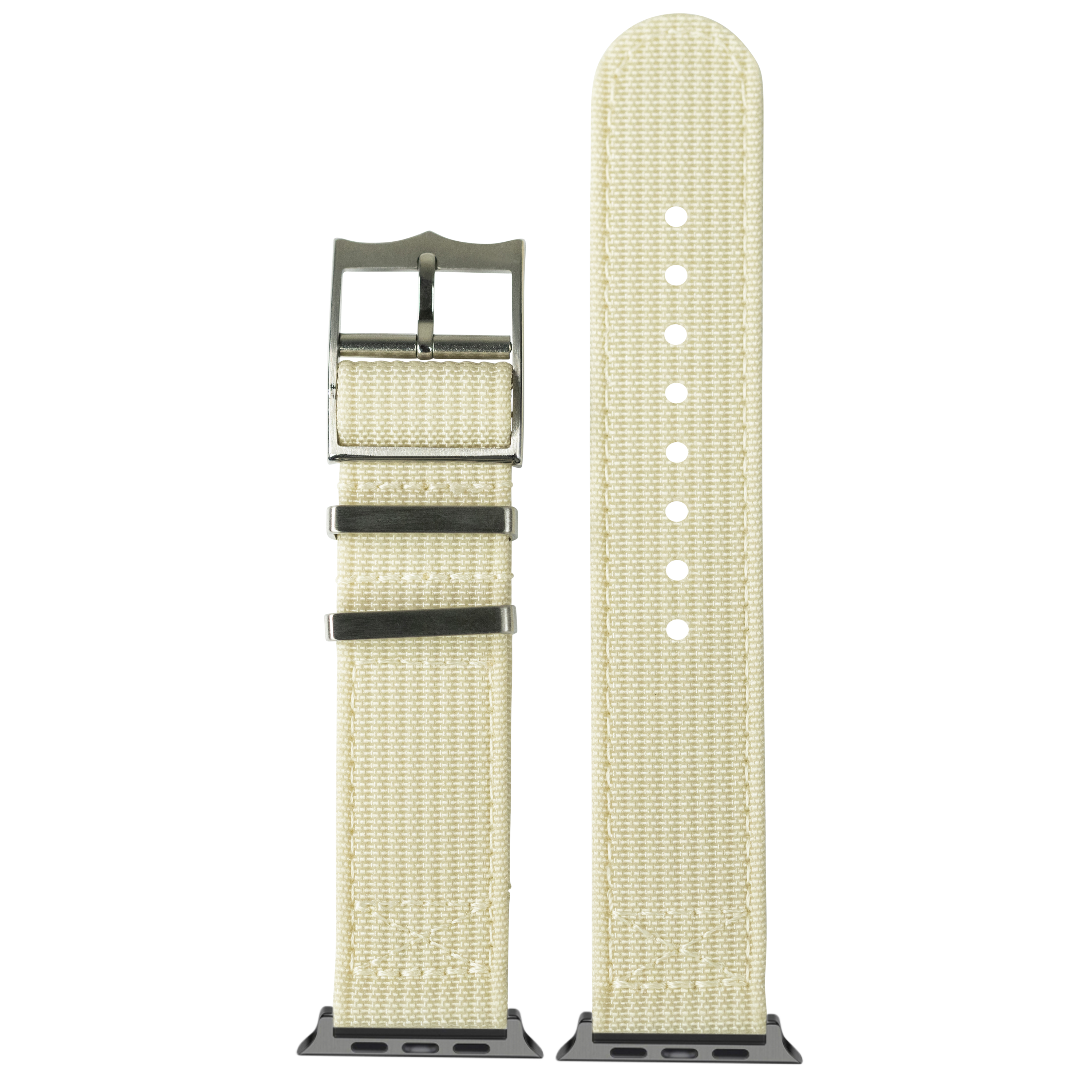 Beige canvas smartwatch band with metal buckle and adjustment holes, shown assembled and unattached for Apple Watch